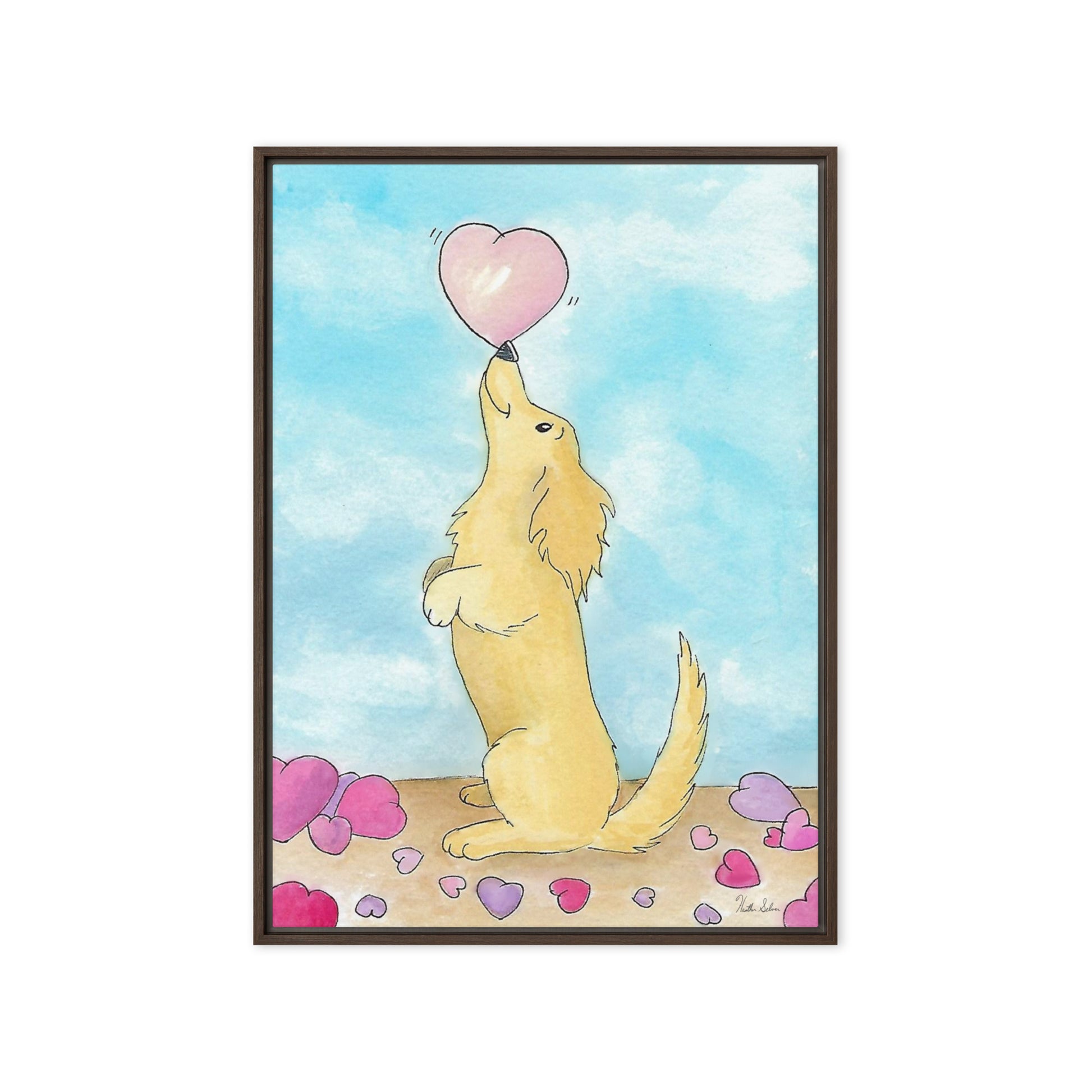 20 by 28 inch framed canvas Puppy Love print. The canvas is in a brown pine wood frame.