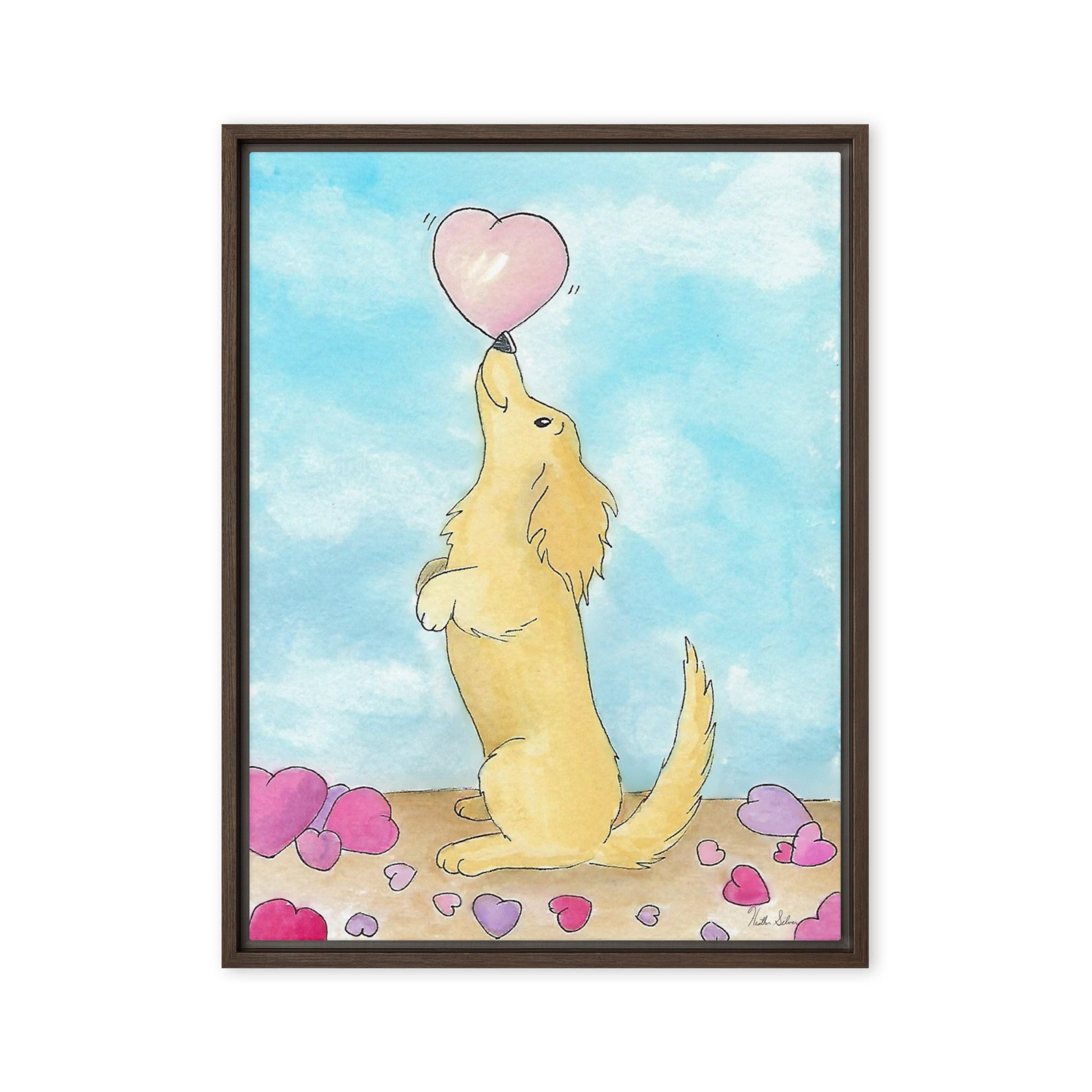 24 by 32 inch framed canvas Puppy Love print. The canvas is in a brown pine wood frame.