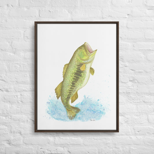 24 by 32 inch brown pine wood framed floating canvas largemouth bass print. Features Heather Silver's watercolor of a colorful bass leaping from the water. Shown on white brick wall.