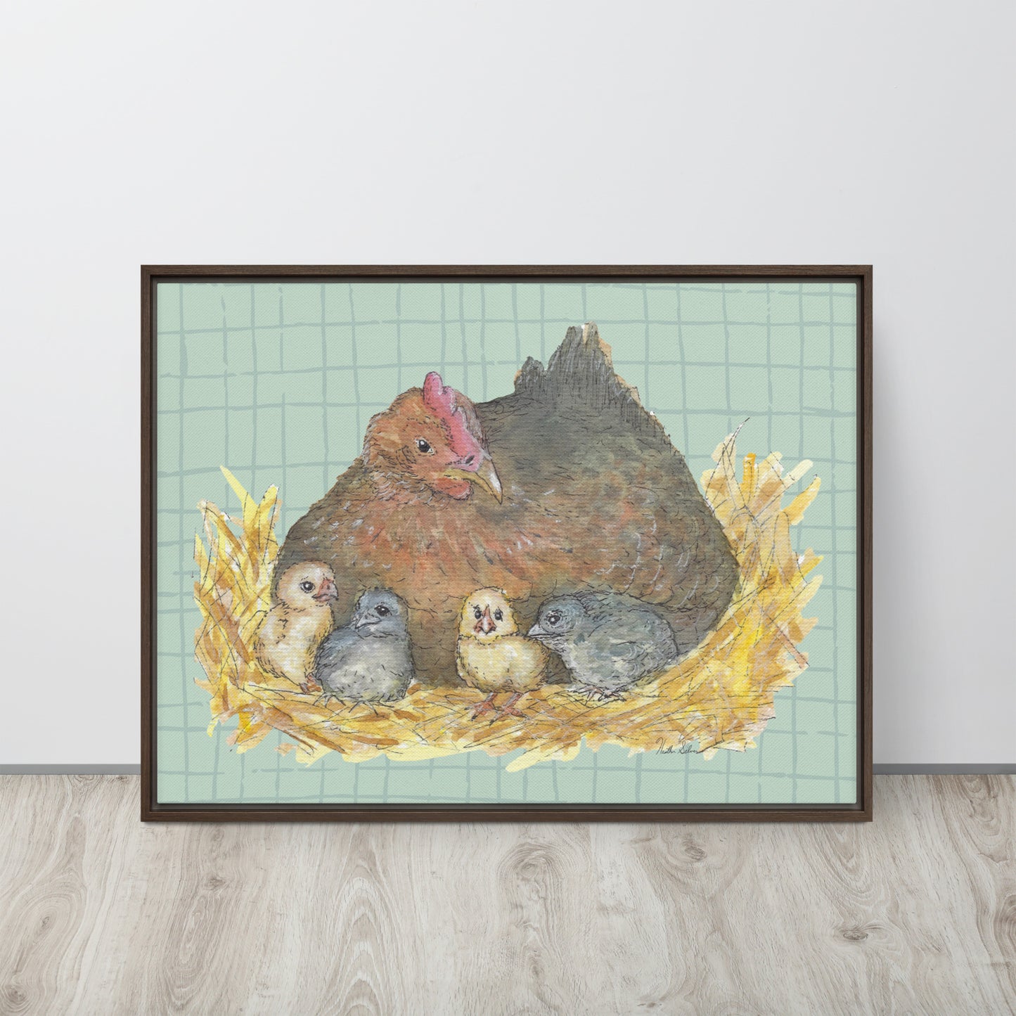 24 by 32 inch Mother Hen Floating Frame Canvas Wall Art. Heather Silver's watercolor painting, Mother Hen, with a green crosshatched background, printed on a stretched canvas and framed with a dark brown pine frame. Shown leaning against wall.