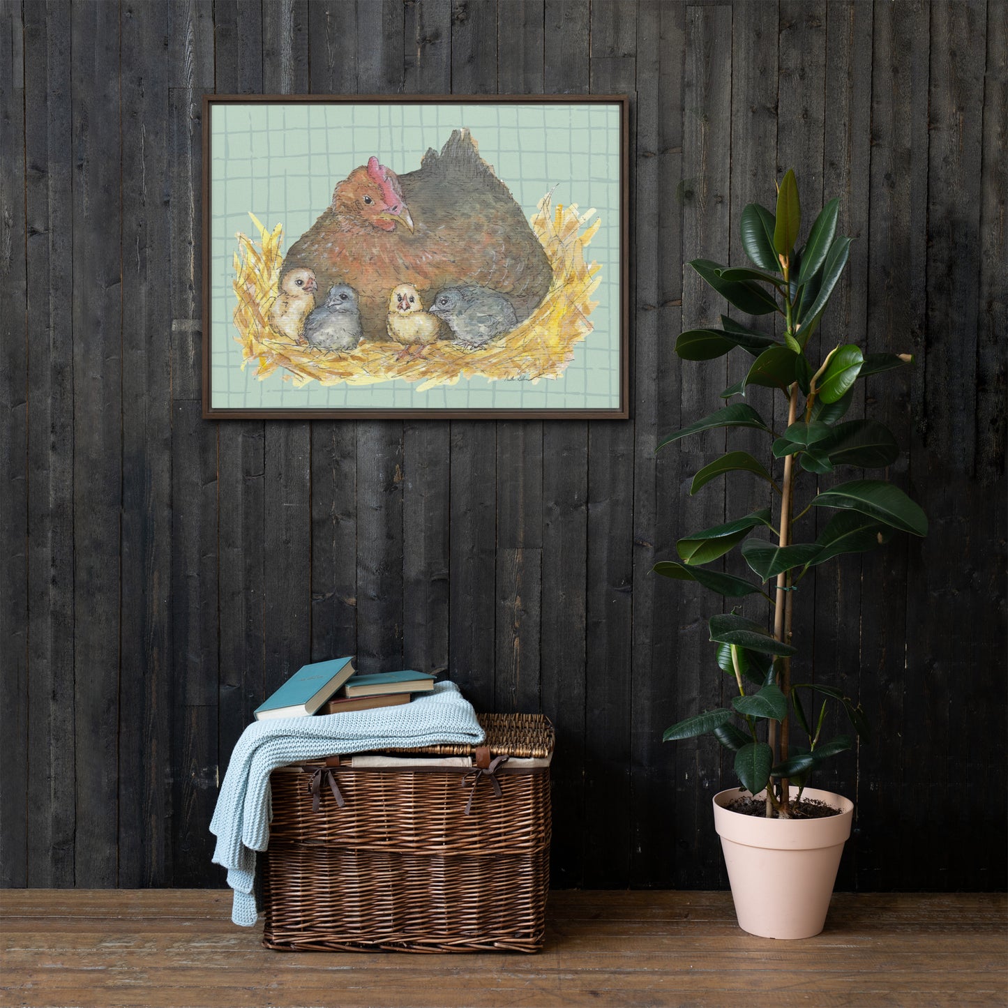 24 by 32 inch Mother Hen Floating Frame Canvas Wall Art. Heather Silver's watercolor painting, Mother Hen, with a green crosshatched background, printed on a stretched canvas and framed with a dark brown pine frame. Shown on wooden panel wall by potted plant.