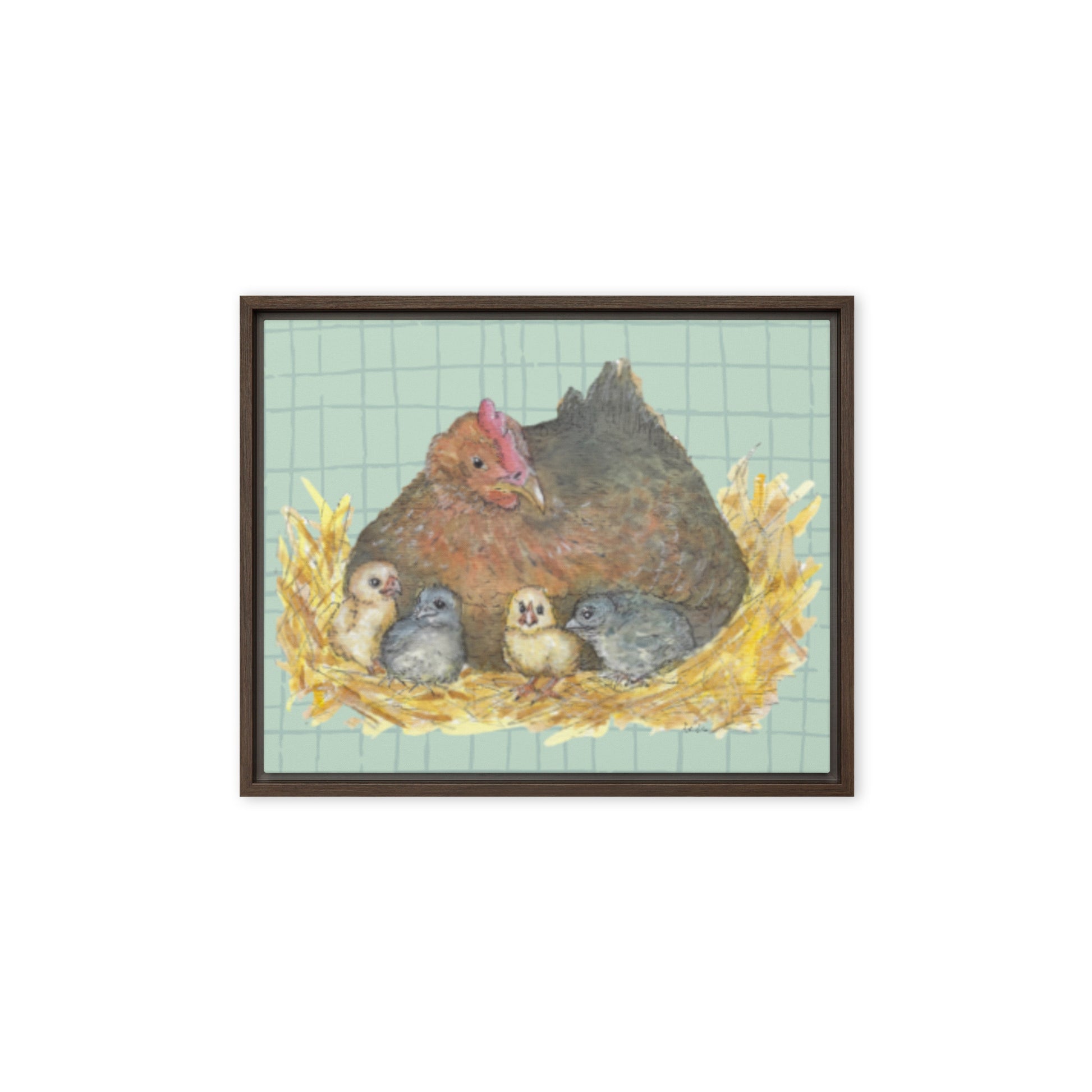 8 by 10 inch Mother Hen Floating Frame Canvas Wall Art. Heather Silver's watercolor painting, Mother Hen, with a green crosshatched background, printed on a stretched canvas and framed with a dark brown pine frame. Hanging hardware included.