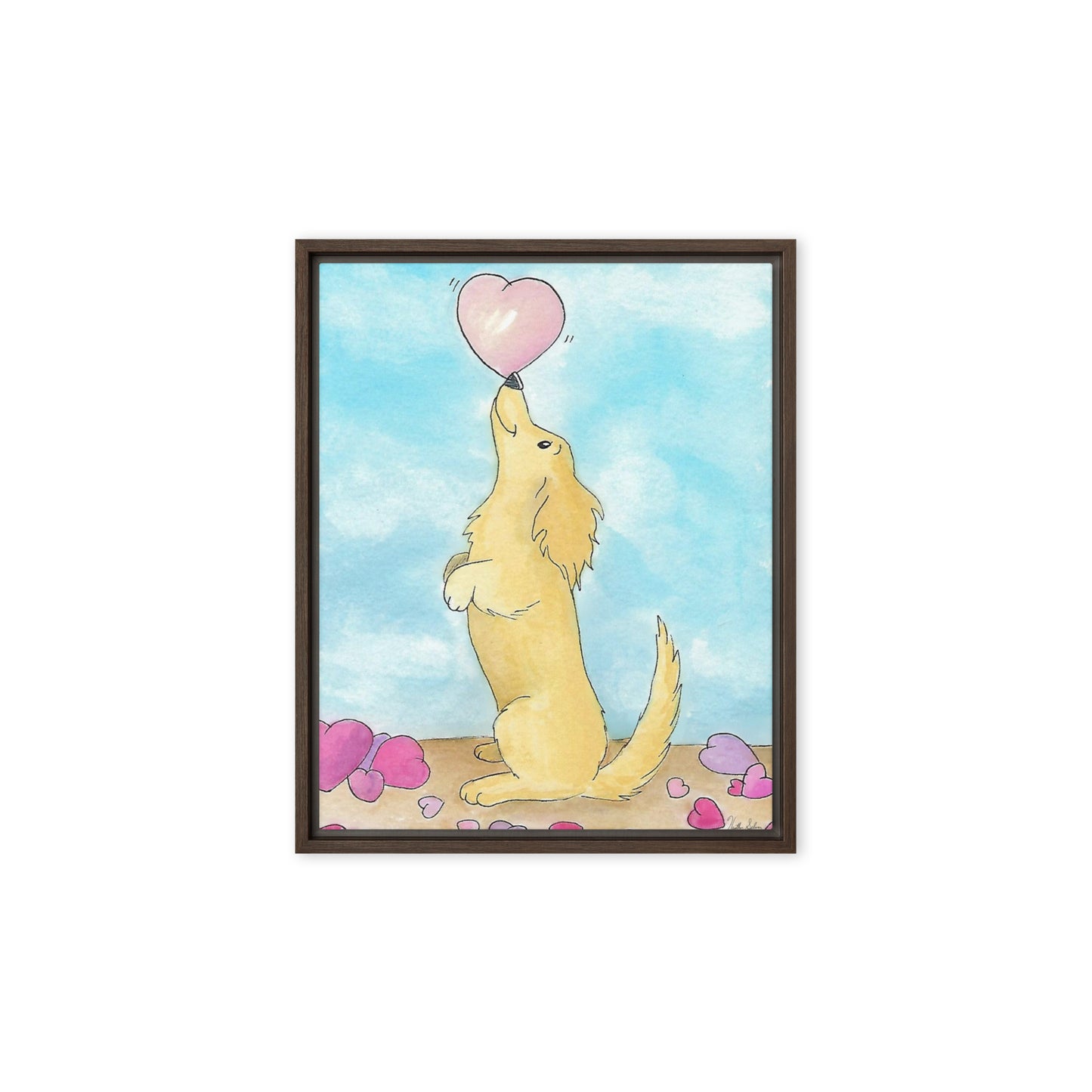 8 by 10 inch framed canvas Puppy Love print. The canvas is in a brown pine wood frame.