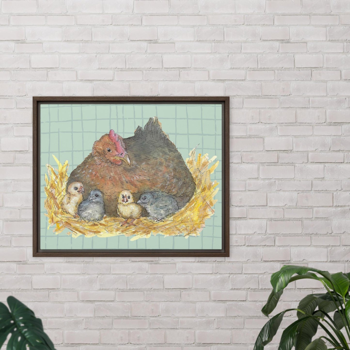 8 by 10 inch Mother Hen Floating Frame Canvas Wall Art. Heather Silver's watercolor painting, Mother Hen, with a green crosshatched background, printed on a stretched canvas and framed with a dark brown pine frame. Shown on white brick wall above potted plants.