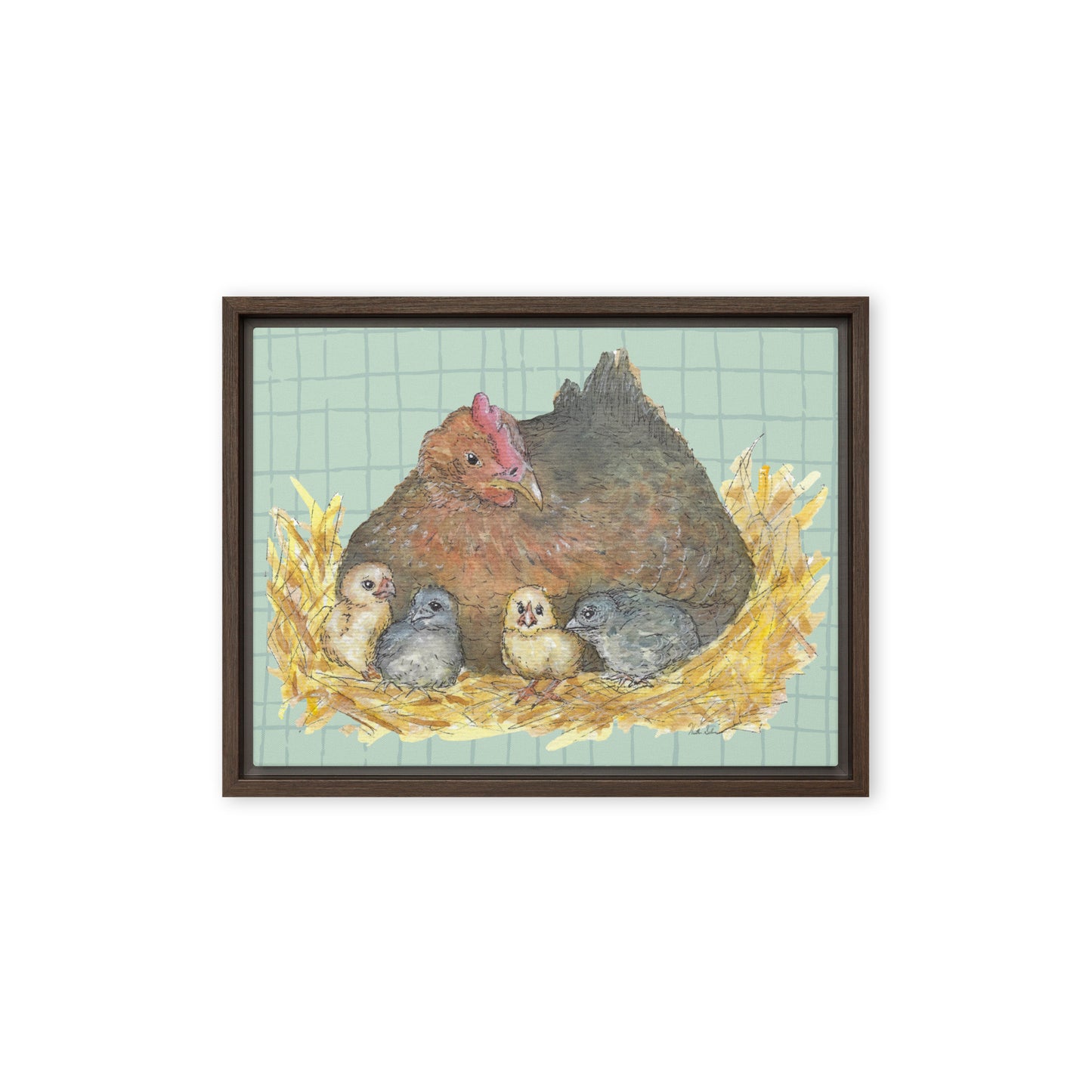 9 by 12 inch Mother Hen Floating Frame Canvas Wall Art. Heather Silver's watercolor painting, Mother Hen, with a green crosshatched background, printed on a stretched canvas and framed with a dark brown pine frame. Hanging hardware included.