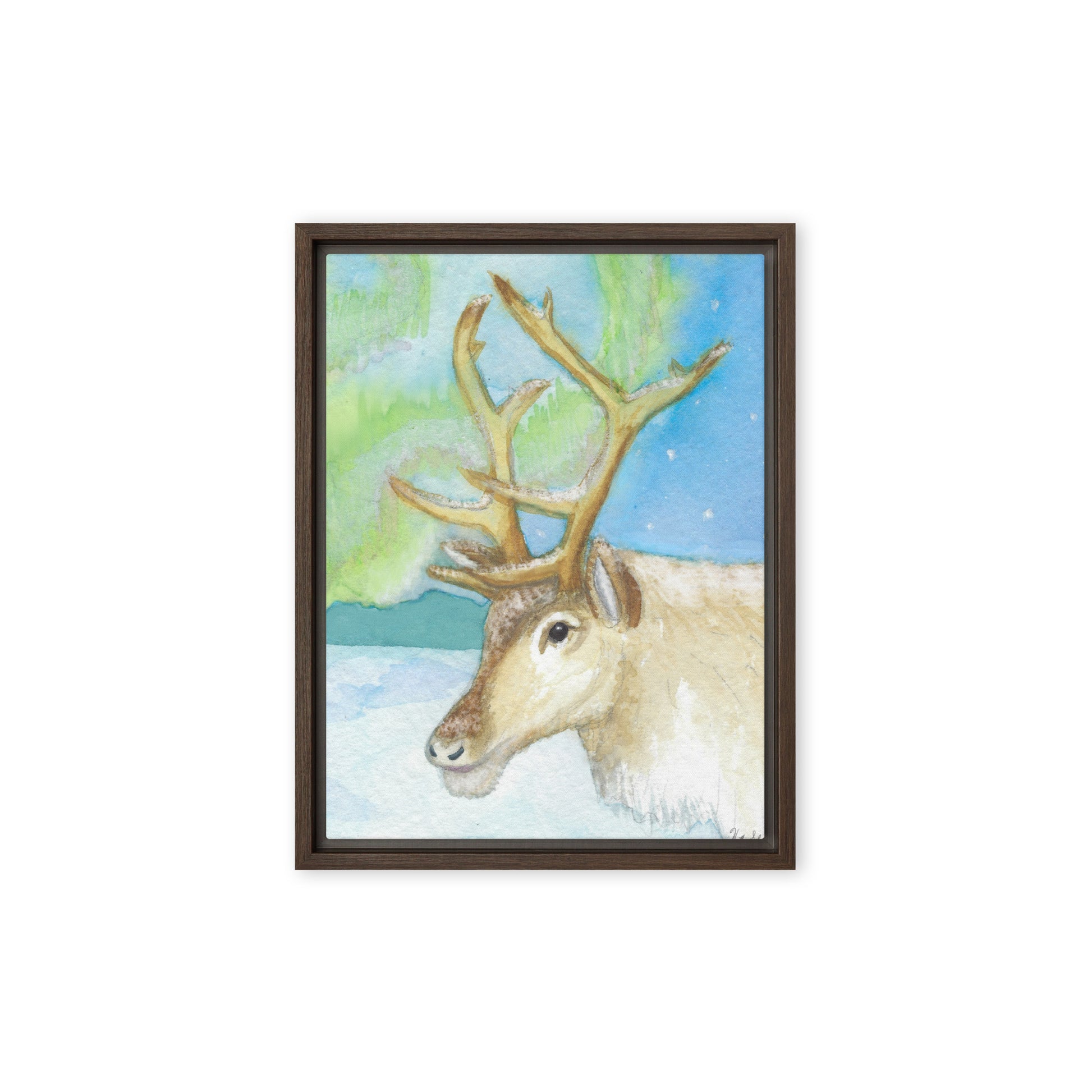 9 by 12 inch framed canvas art print of Heather Silver's Northern Lights Reindeer.  Canvas print mounted in a dark brown pine frame. Hanging hardware included.