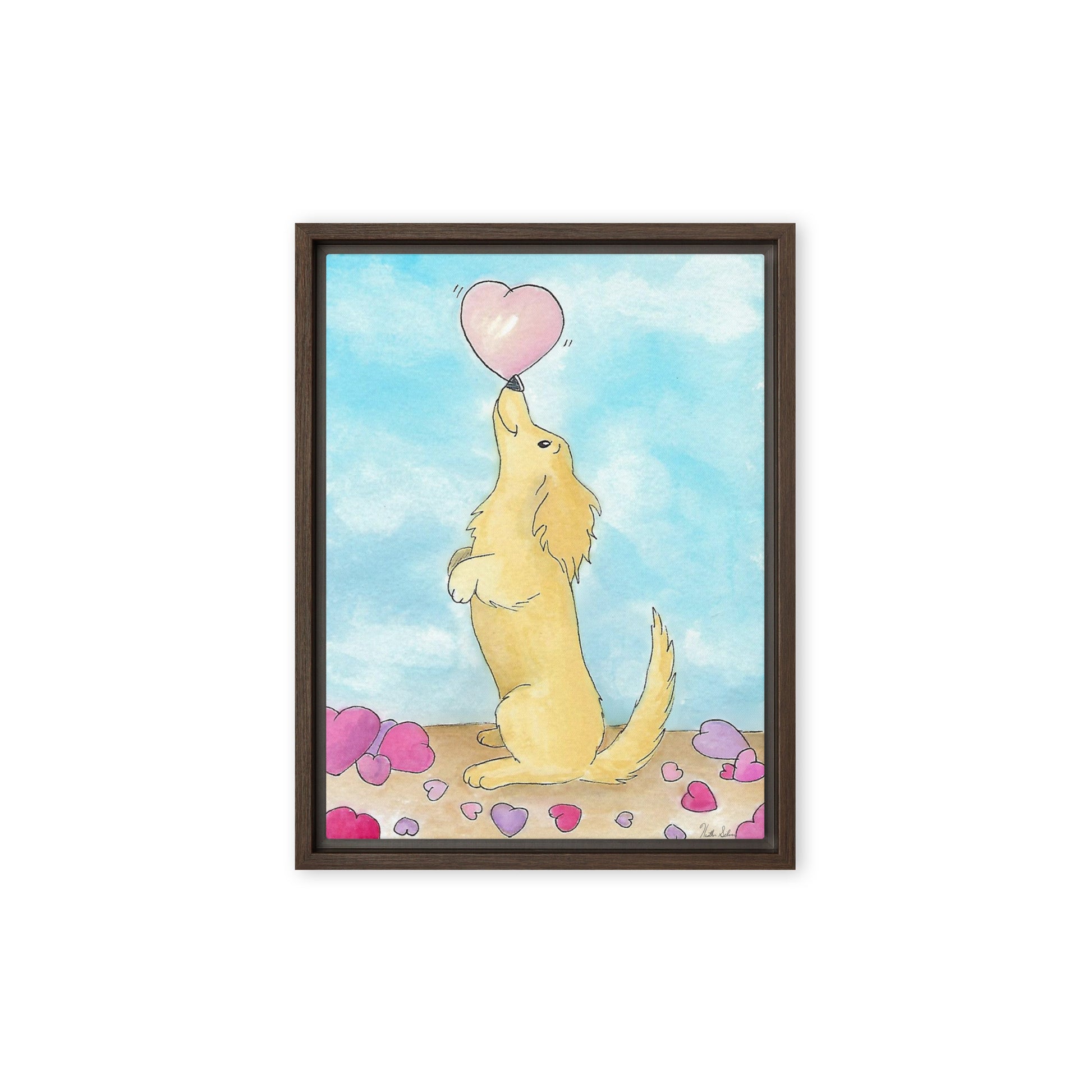 9 by 12 inch framed canvas Puppy Love print. The canvas is in a brown pine wood frame.