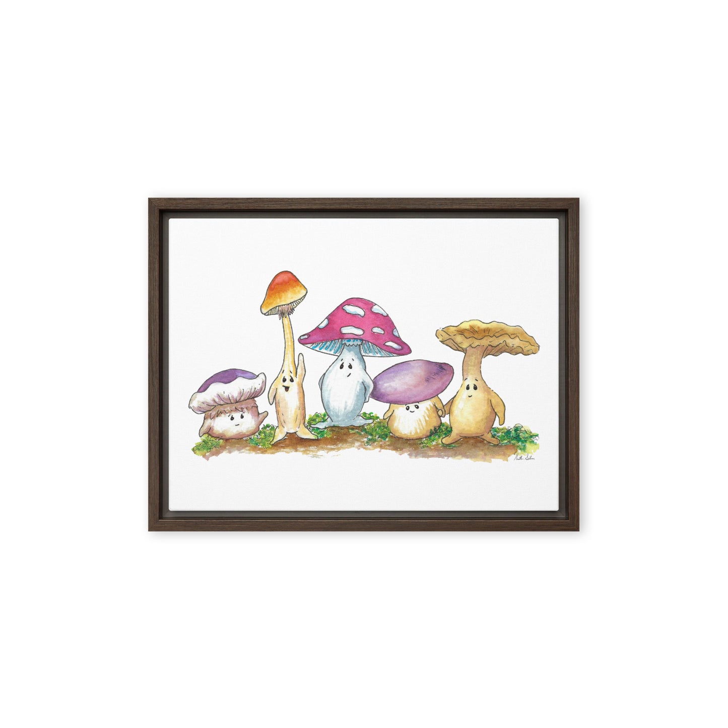 9 by 12 inch canvas print of Heather Silver's watercolor painting, Mushy and Friends. Framed in a dark brown pine wood frame that gives it a floating canvas effect.