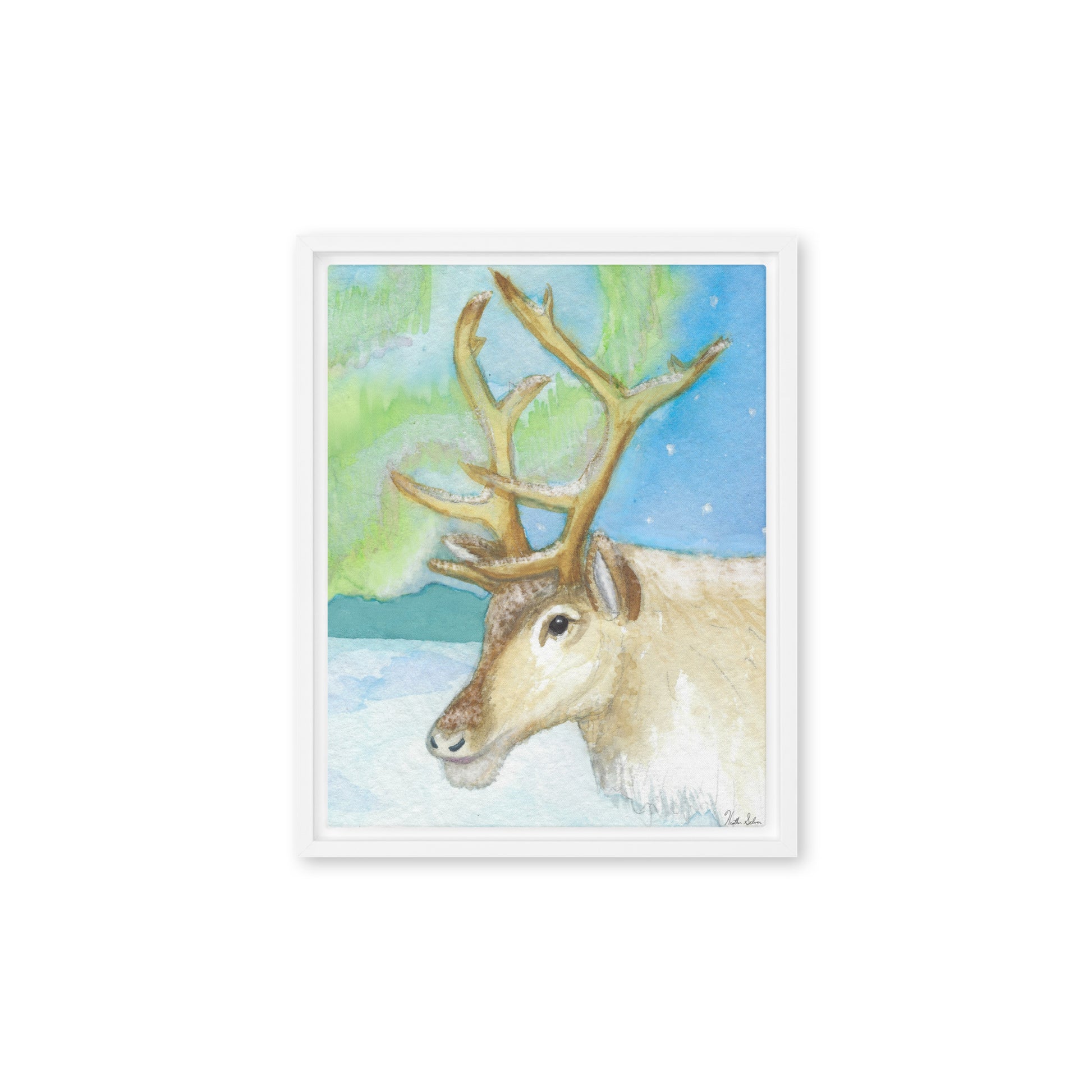 11 by 14 inch framed canvas art print of Heather Silver's Northern Lights Reindeer.  Canvas print mounted in a white pine frame. Hanging hardware included.