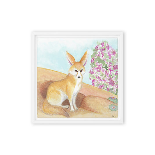 12 by 12 inch Fennec Fox Framed Floating Canvas Print. Canvas mounted in a white pine wood frame. Print is from Heather Silver's watercolor painting of a fennec fox sitting by its desert den near a jacaranda tree.