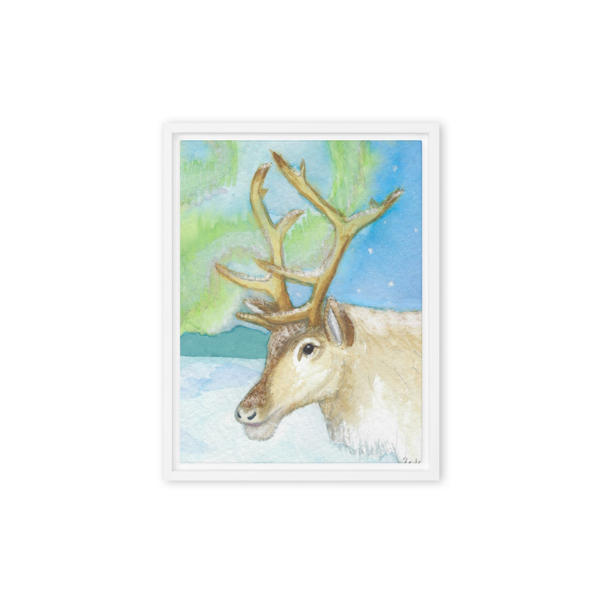 9 by 12 inch framed canvas art print of Heather Silver's Northern Lights Reindeer.  Canvas print mounted in a white pine frame. Hanging hardware included.