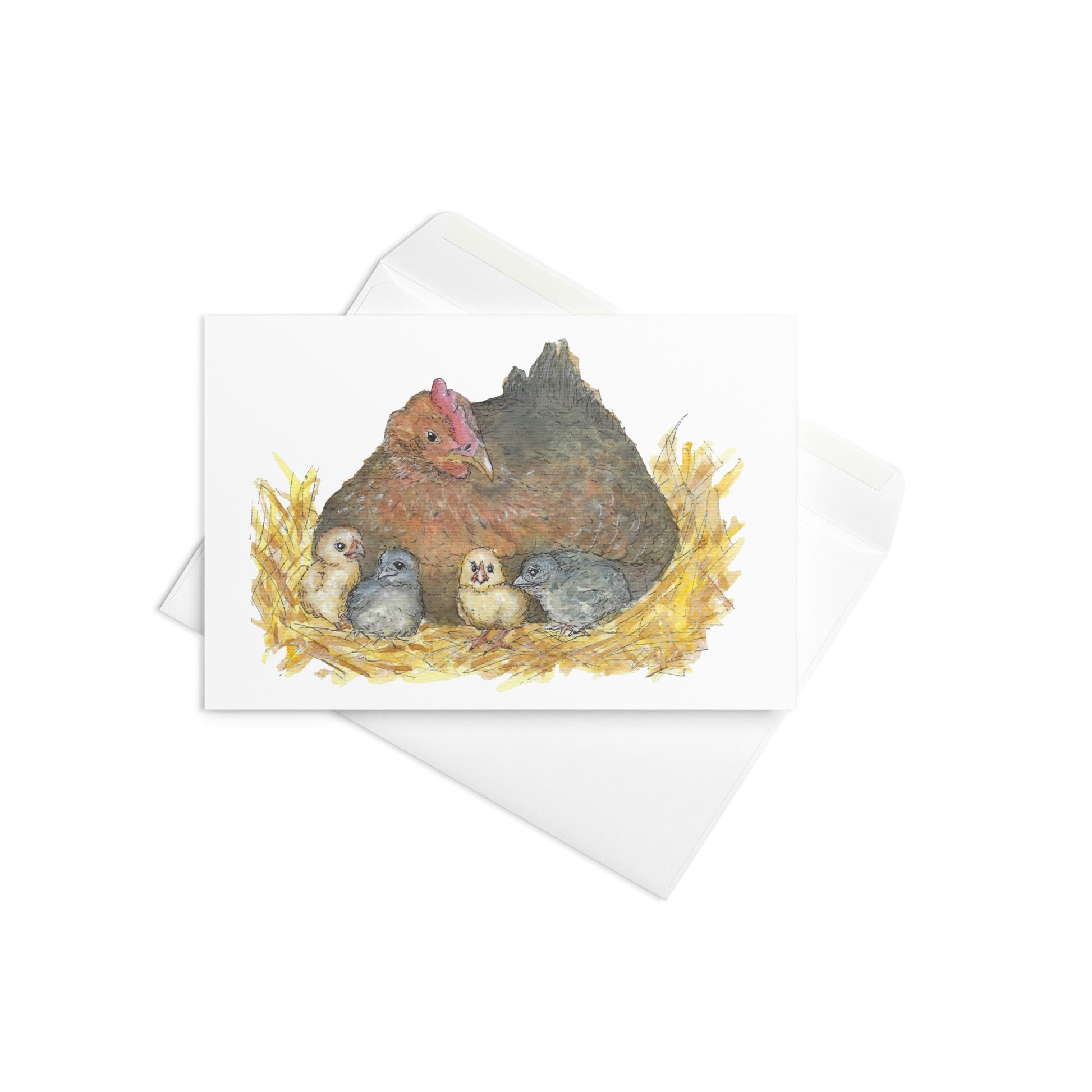 4 by 6 inch greeting card and envelope. Front features watercolor print of a mother hen and four chicks in a nest. Inside is blank.