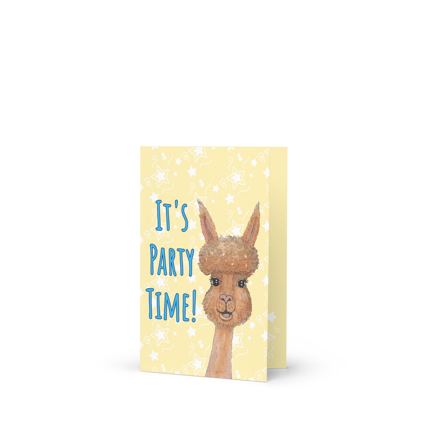 4 by 6 inch party alpaca greeting card. Image shows folded card standing up. Background of card is pastel yellow with white star accents. Front has watercolor alpaca and text: It's party time!