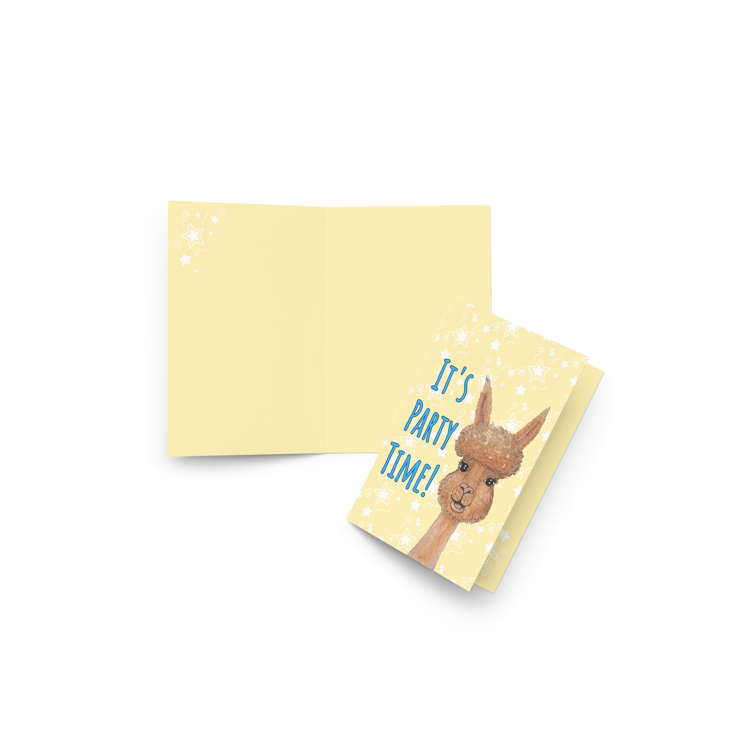 4 by 6 inch party alpaca greeting card and envelope. Image shows cover and inside. Background is pastel yellow with white star accents. Front has watercolor alpaca and text: It's party time!