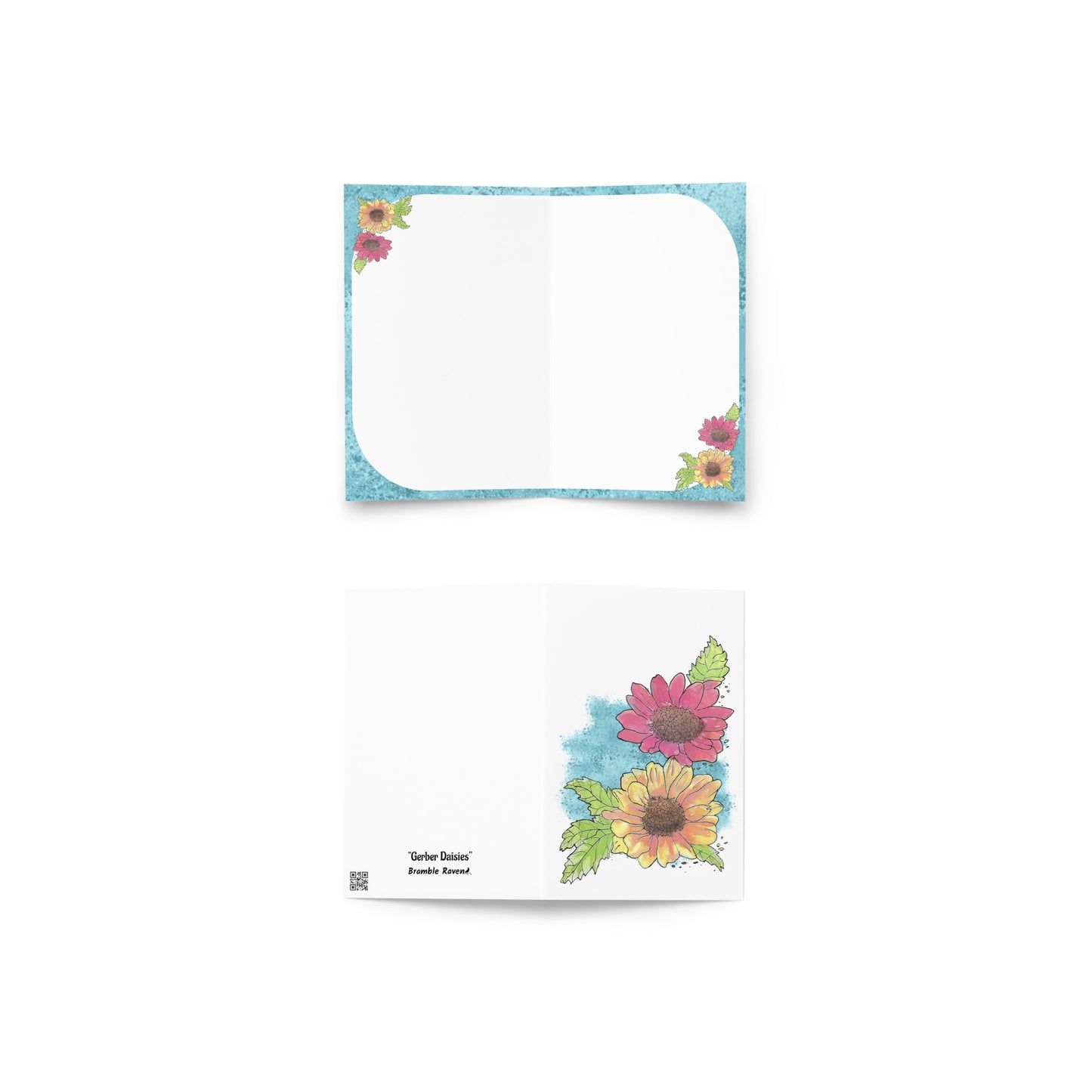 4 by 6 inch watercolor Gerber daisies greeting card and envelope. Has watercolor daisies on the front. The inside has a blue watercolor border with daisy accents and room for a message. Image shows front, back and inside of card.