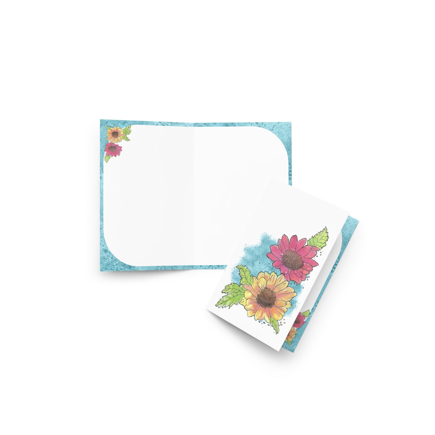 4 by 6 inch watercolor Gerber daisies set of 10 greeting cards and envelopes. Has watercolor daisies on the front. The inside has a blue watercolor border with daisy accents and room for a message. Image shows front and inside of card.