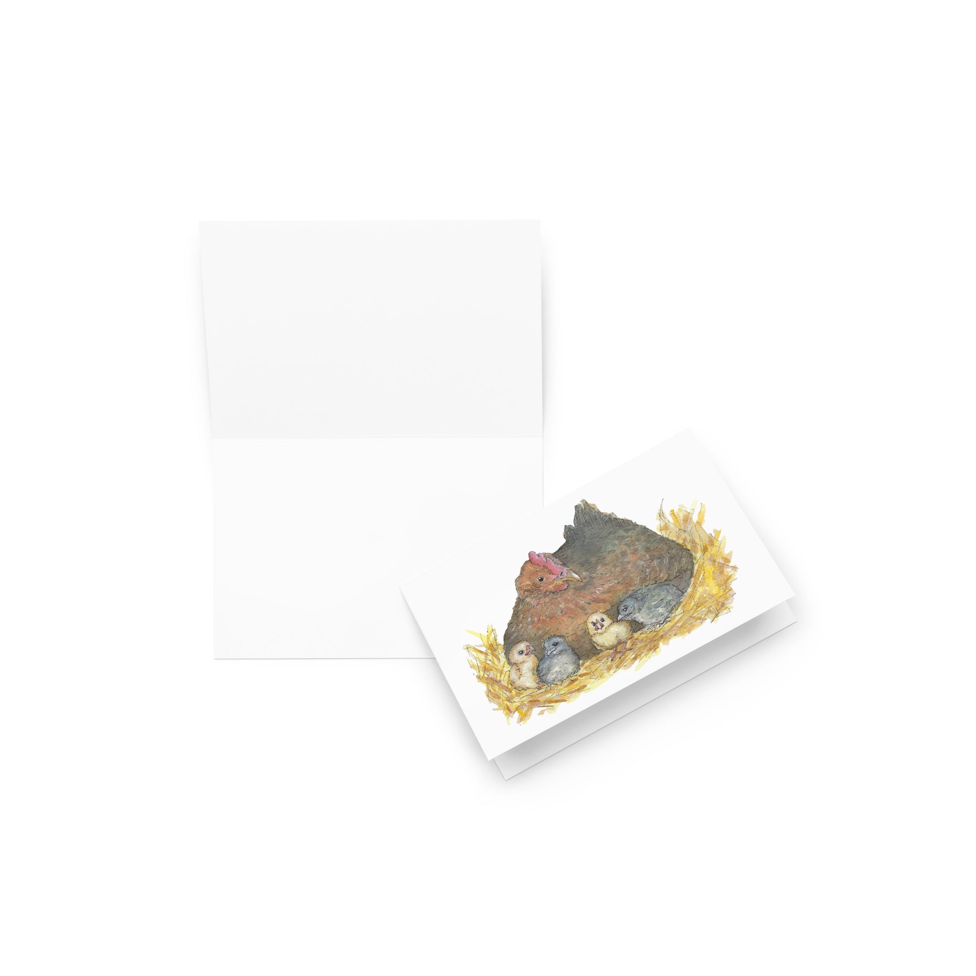 4 by 6 inch greeting card and envelope. Front features watercolor print of a mother hen and four chicks in a nest. Inside is blank. Image shows blank inside of card and front of folded card.