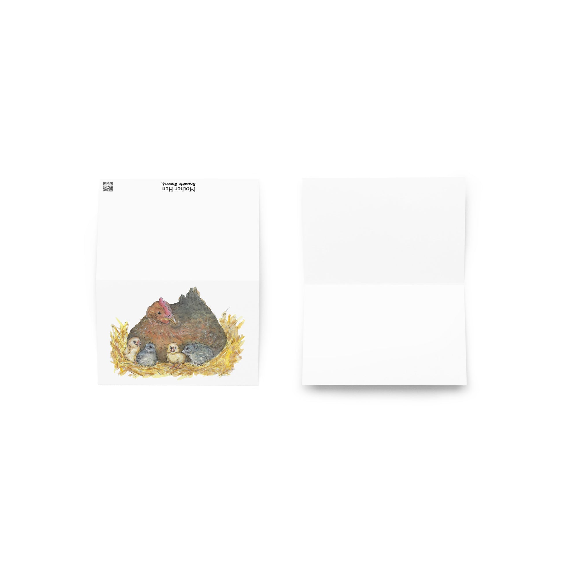 4 by 6 inch greeting card and envelope. Front features watercolor print of a mother hen and four chicks in a nest. Inside is blank. Shows front, back, and inside of card.