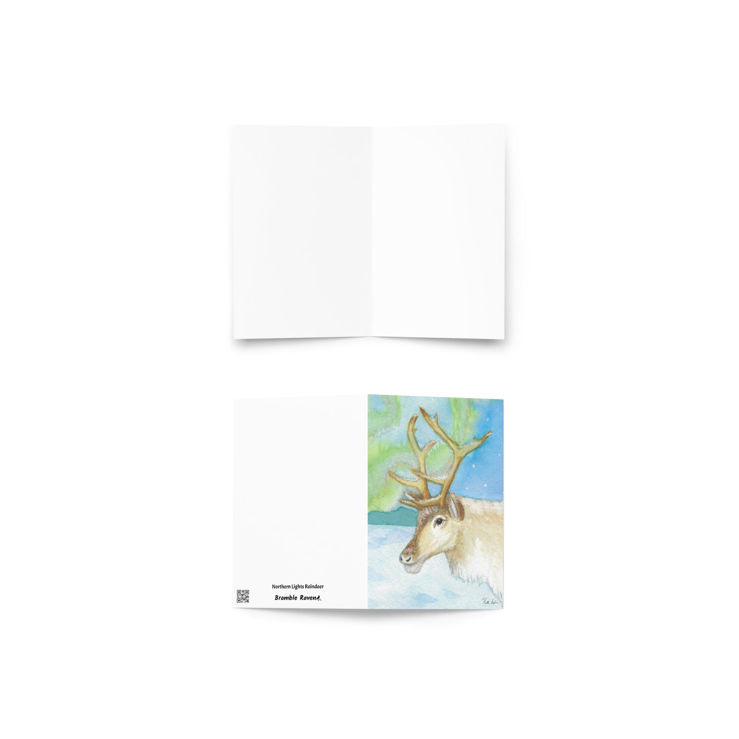 4 x 6 inch greeting card. Features watercolor print of a reindeer in the snow with northern lights in the sky. Blank inside. Comes with a white envelope. Shows front and back cover, and blank inside.