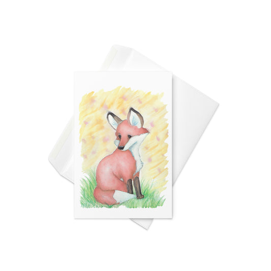 4 by 6 inch greeting card. Features  a watercolor print of a fox basking in the yellow-orange sunset on the front. The inside is blank for your message. Comes with a white envelope. Card is made of durable paperboard with vibrant printing.