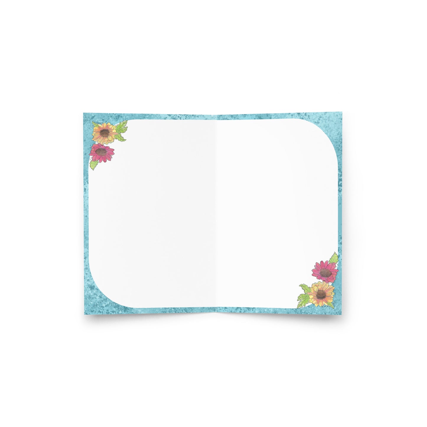 4 by 6 inch watercolor Gerber daisies set of 10 greeting cards and envelopes. Has watercolor daisies on the front. The inside has a blue watercolor border with daisy accents and room for a message. Image shows inside of card.