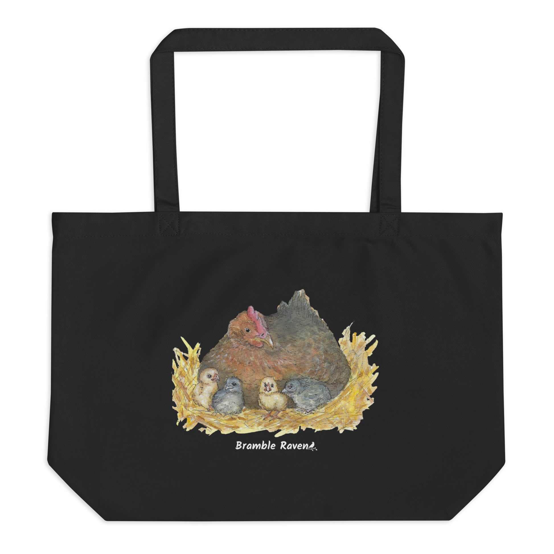 Large black organic cotton tote bag. Has a watercolor mother hand and chicks print. Holds up to 30 pounds.
