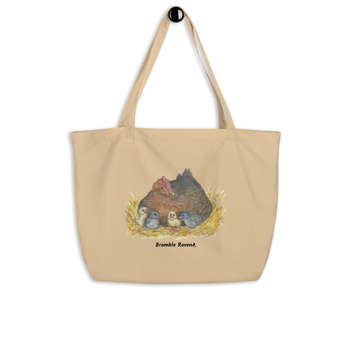Large tan organic cotton tote bag. Has a watercolor mother hand and chicks print. Holds up to 30 pounds.