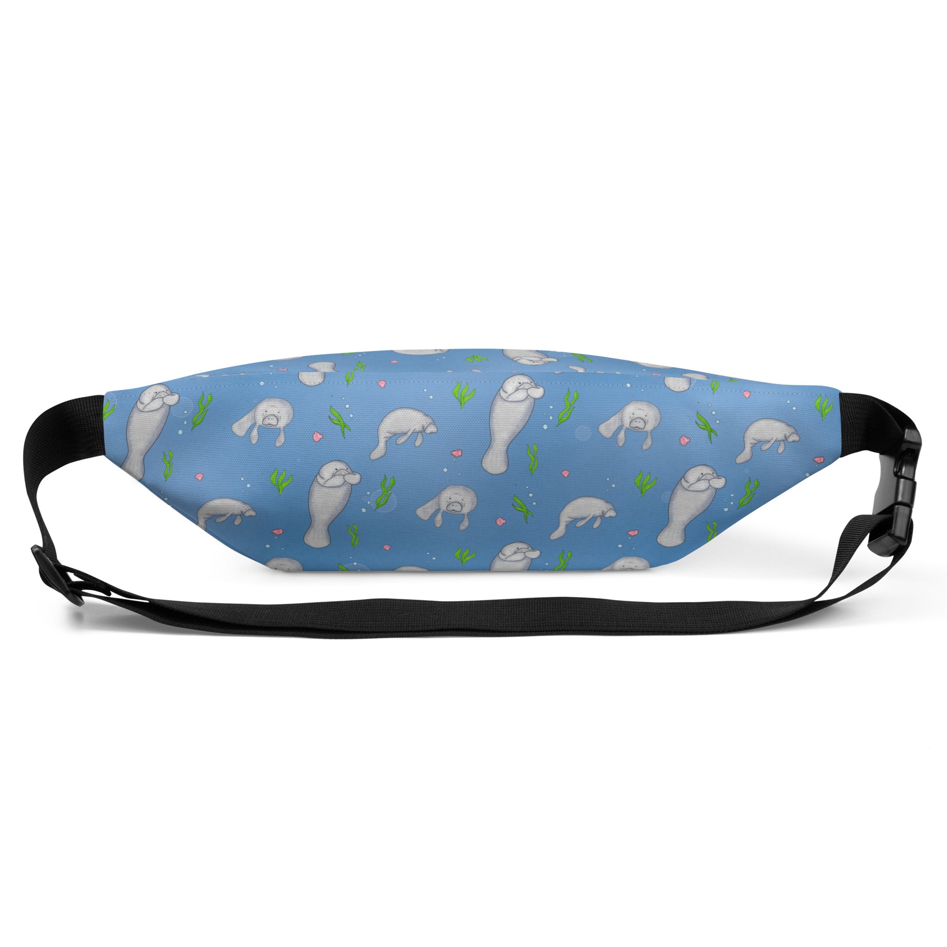 Cute manatee patterned belt bag with adjustable straps, zippered pouch, and small inner pocket. Back view of bag.