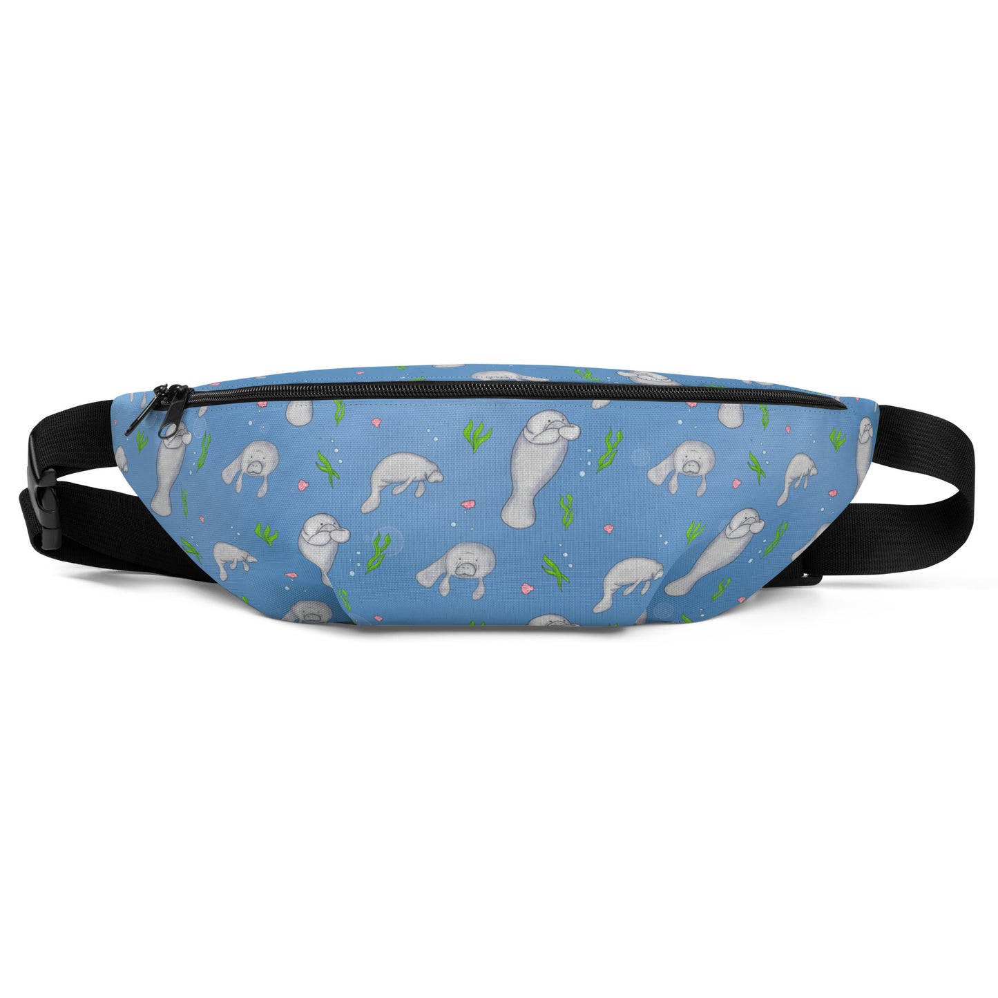Cute manatee patterned belt bag with adjustable straps, zippered pouch, and small inner pocket. Front view.