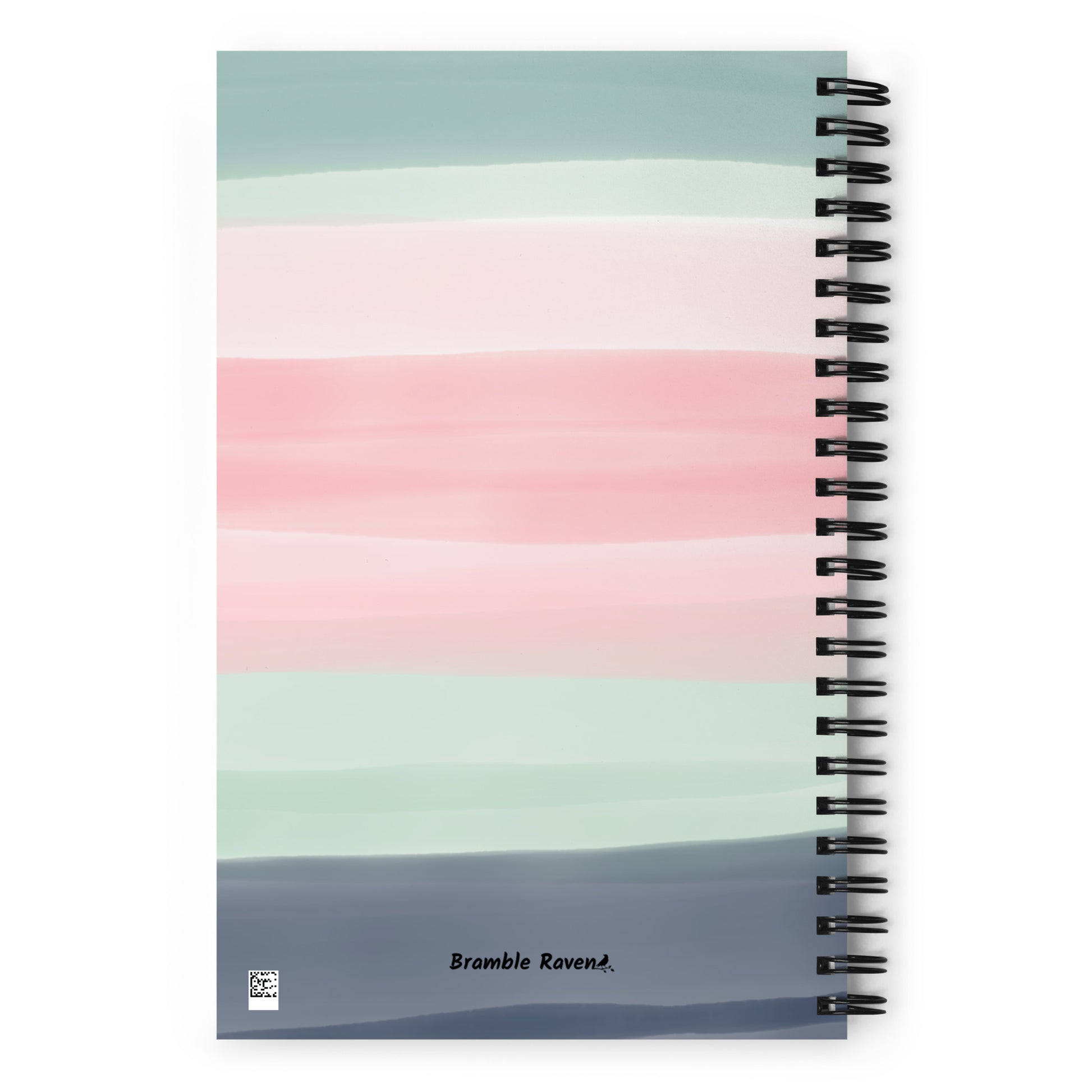 Spiral bound notebook with soft touch cover and 140 dotted pages. Cover features silently judging text and monocled crow on a striped background. Measures 5.5 inches by 8.5 inches. Back view of notebook.