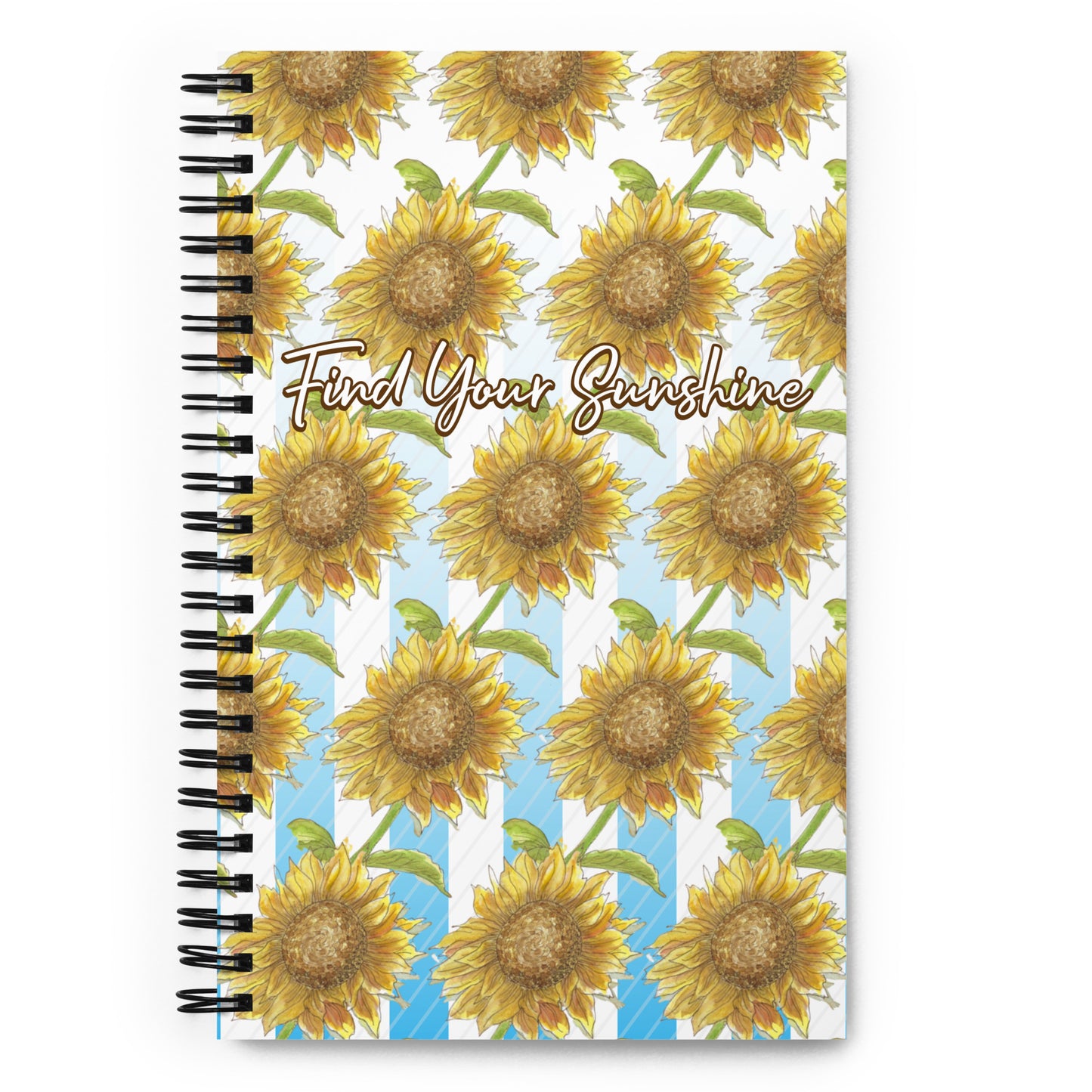 Spiral bound notebook with soft touch cover and 140 dotted pages. Cover features a pattern of watercolor sunflowers and blue and white stripes. Front has inspirational phrase "find your sunshine." Measures 5.5 inches by 8.5 inches.