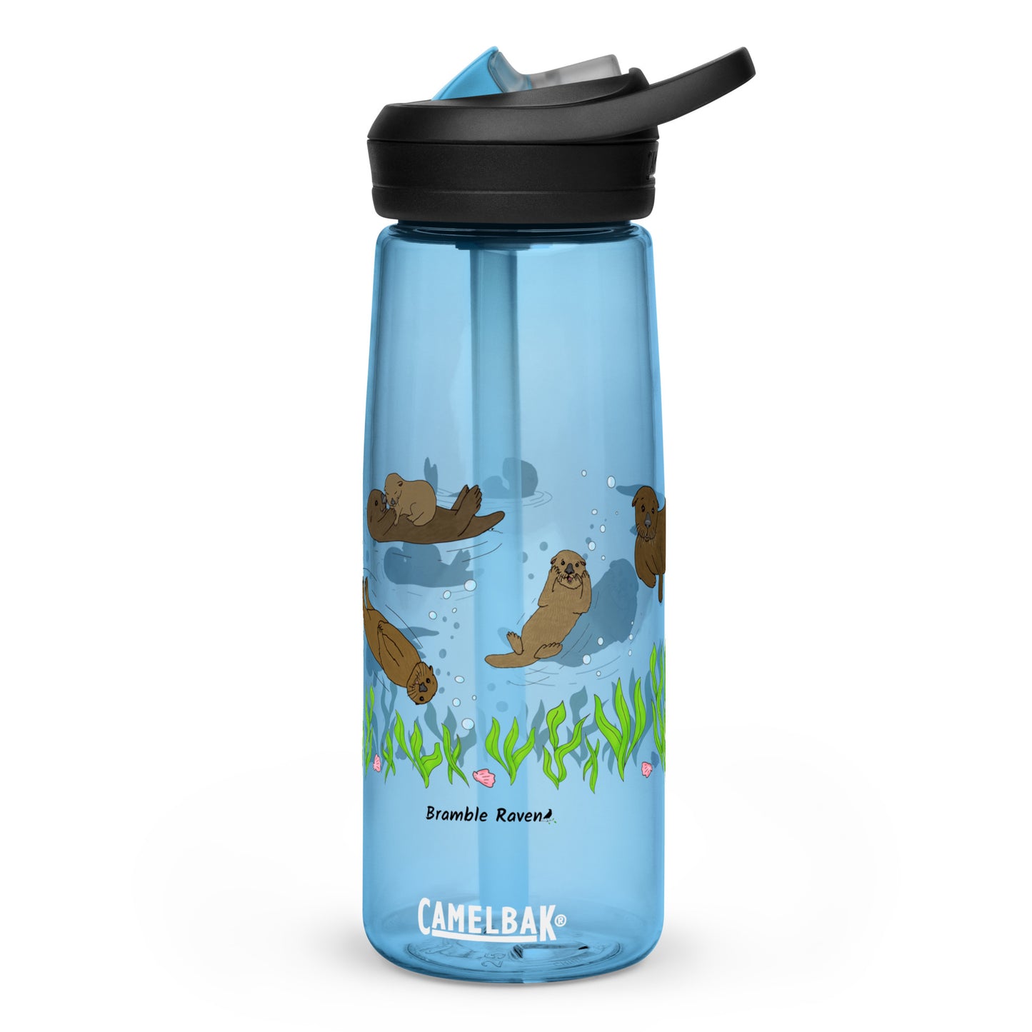 25 ounce sports water bottle with spill proof lid and bite valve. Light blue stain and odor-resistant BPA-free plastic with sea otter designs around the bottle, swimming above the seaweed and shells.