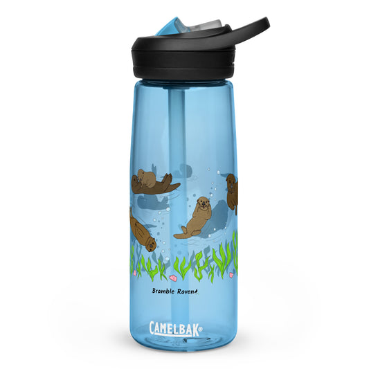 25 ounce sports water bottle with spill proof lid and bite valve. Light blue stain and odor-resistant BPA-free plastic with sea otter designs around the bottle, swimming above the seaweed and shells.