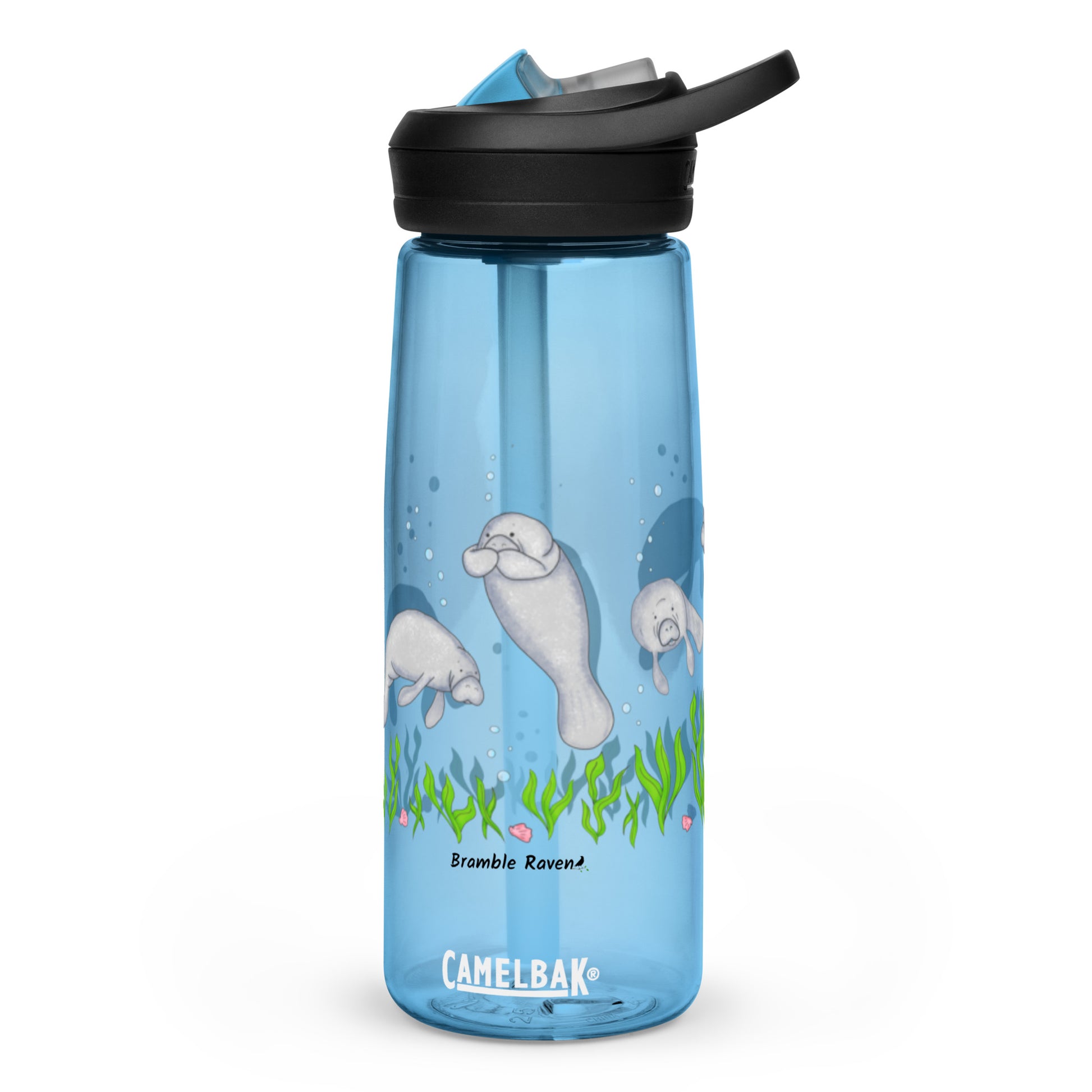 25 ounce sports water bottle with spill proof lid and bite valve. Light blue stain and odor-resistant BPA-free plastic with manatee designs around the bottle, swimming above the seaweed and shells.