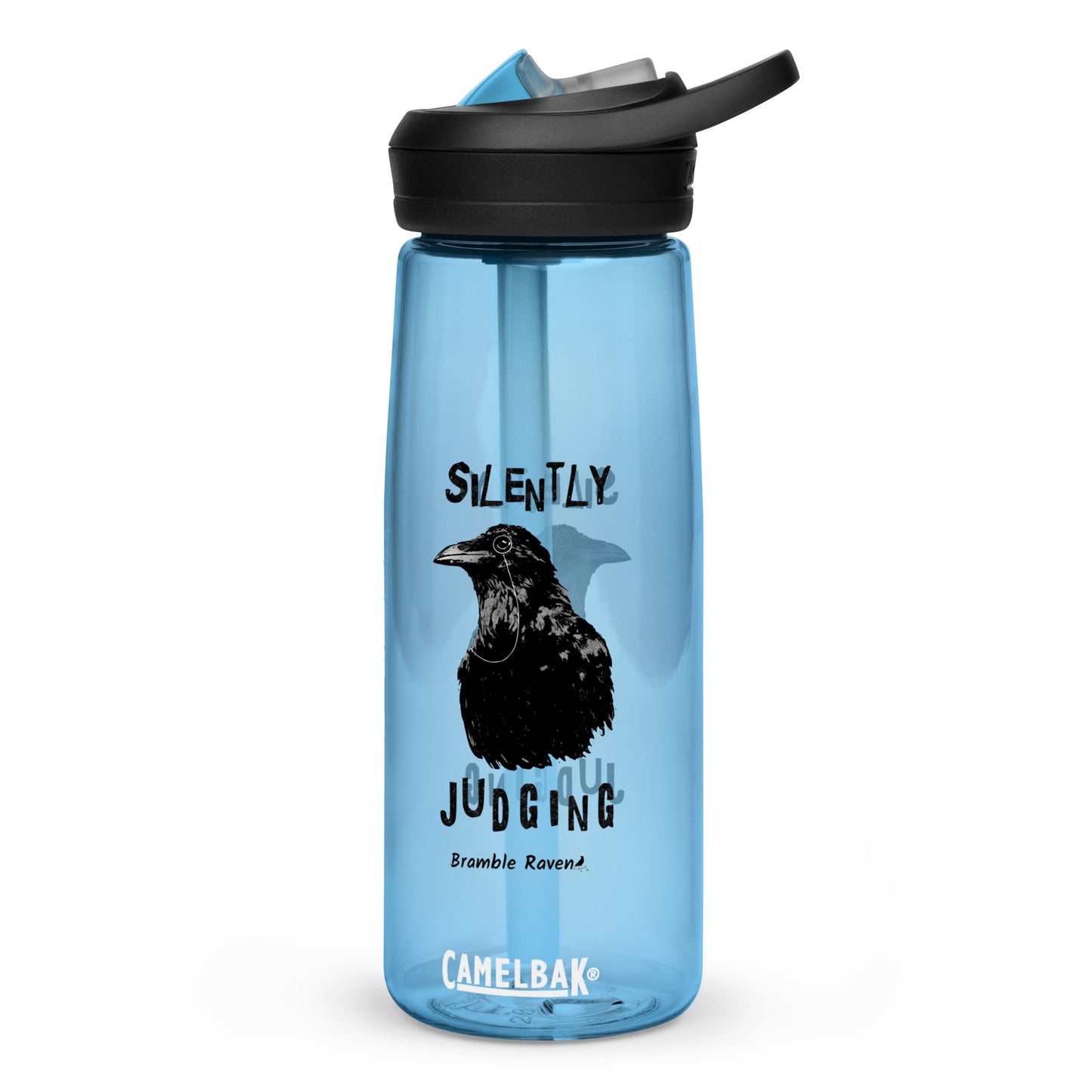 25 ounce sports water bottle with spill-proof lid and bite valve. Light blue stain and odor-resistant BPA-free plastic. Features double-sided design of Silently Judging Crow with his monocle.