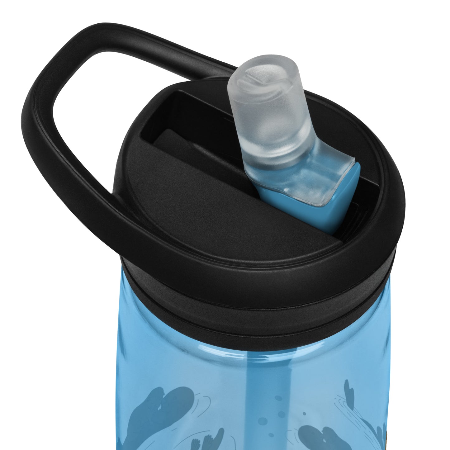 25 ounce sports water bottle with spill proof lid and bite valve. Light blue stain and odor-resistant BPA-free plastic with sea otter designs around the bottle, swimming above the seaweed and shells. Detail view of lid and bite valve.
