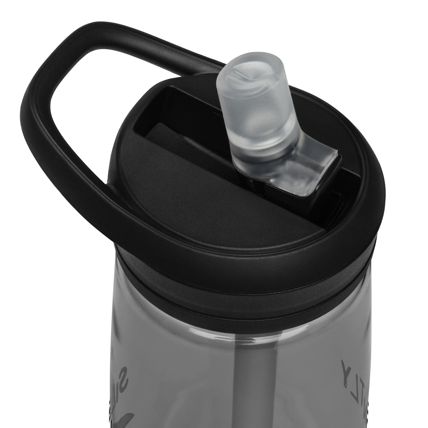 25 ounce sports water bottle with spill-proof lid and bite valve. Charcoal grey stain and odor-resistant BPA-free plastic. Features double-sided design of Silently Judging Crow with his monocle. Detail view of bite valve and lid.