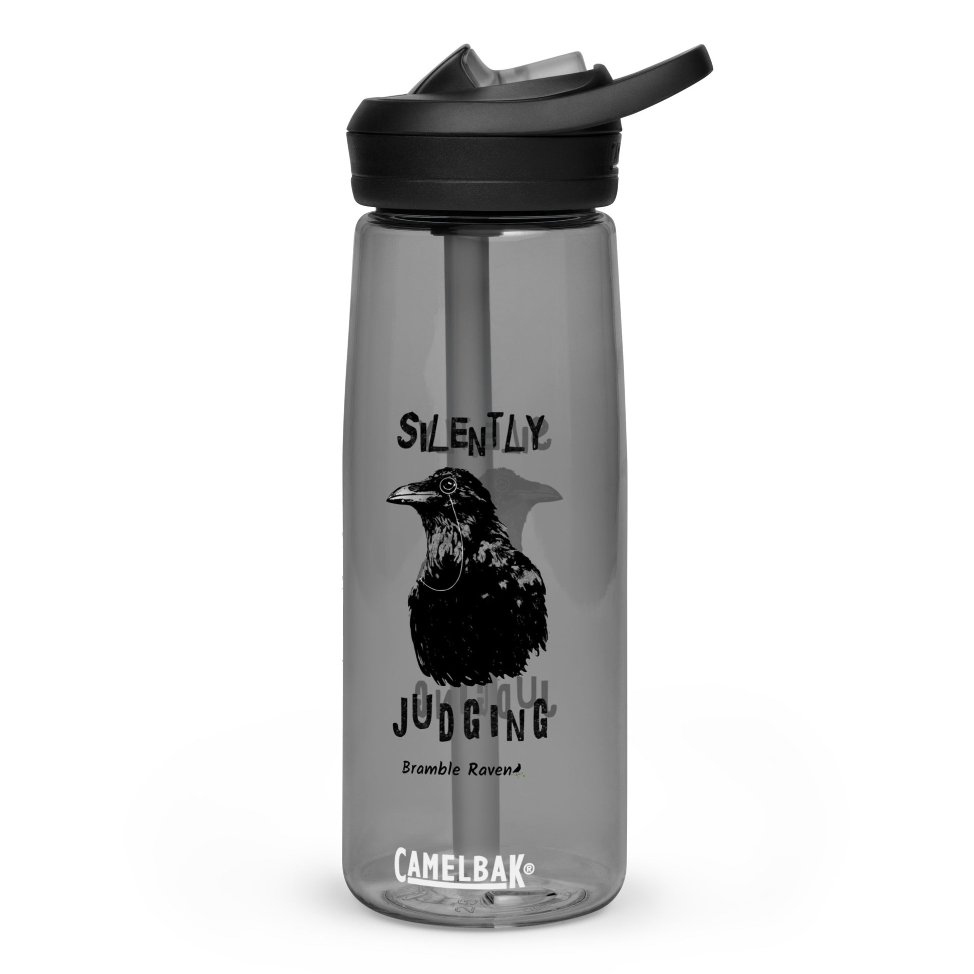 25 ounce sports water bottle with spill-proof lid and bite valve. Charcoal grey stain and odor-resistant BPA-free plastic. Features double-sided design of Silently Judging Crow with his monocle.