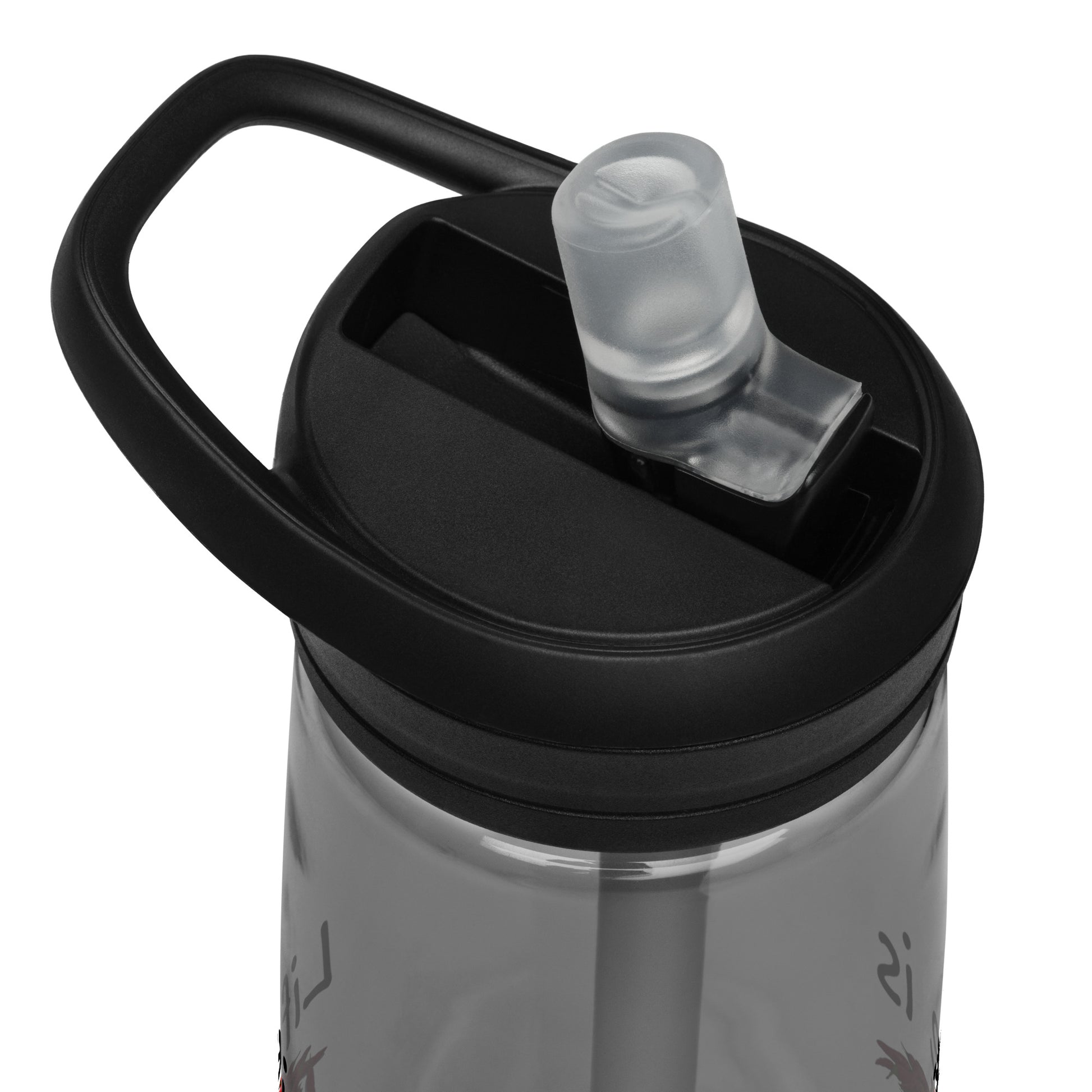 25 ounce sports water bottle with spill-proof lid and bite valve. Charcoal grey stain and odor-resistant BPA-free plastic. Features double-sided design of "Life is spicy. Dill with it" phrase with peppers and dill weed images. Detail view of bite valve and lid.
