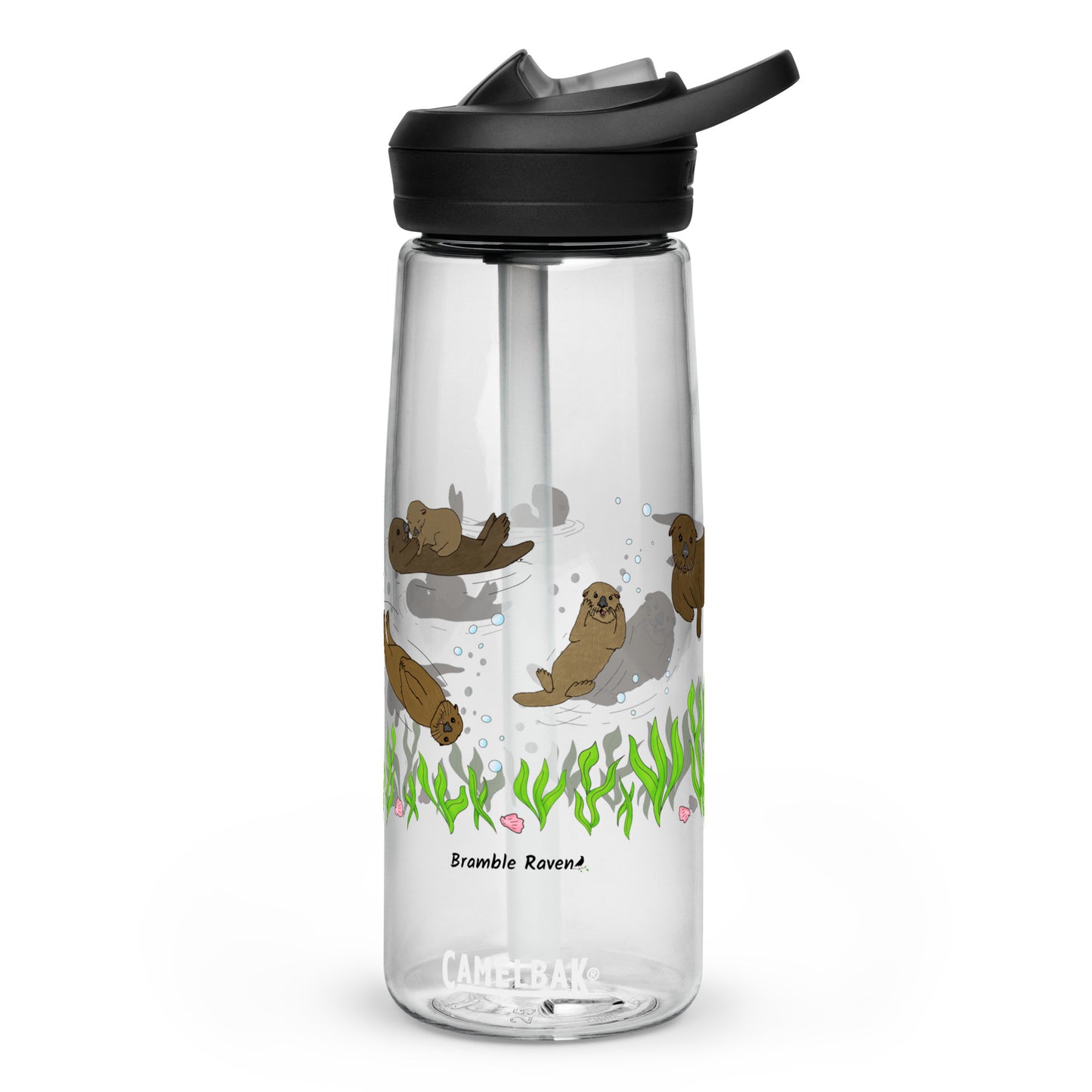 25 ounce sports water bottle with spill proof lid and bite valve. Clear stain and odor-resistant BPA-free plastic with sea otter designs around the bottle, swimming above the seaweed and shells.