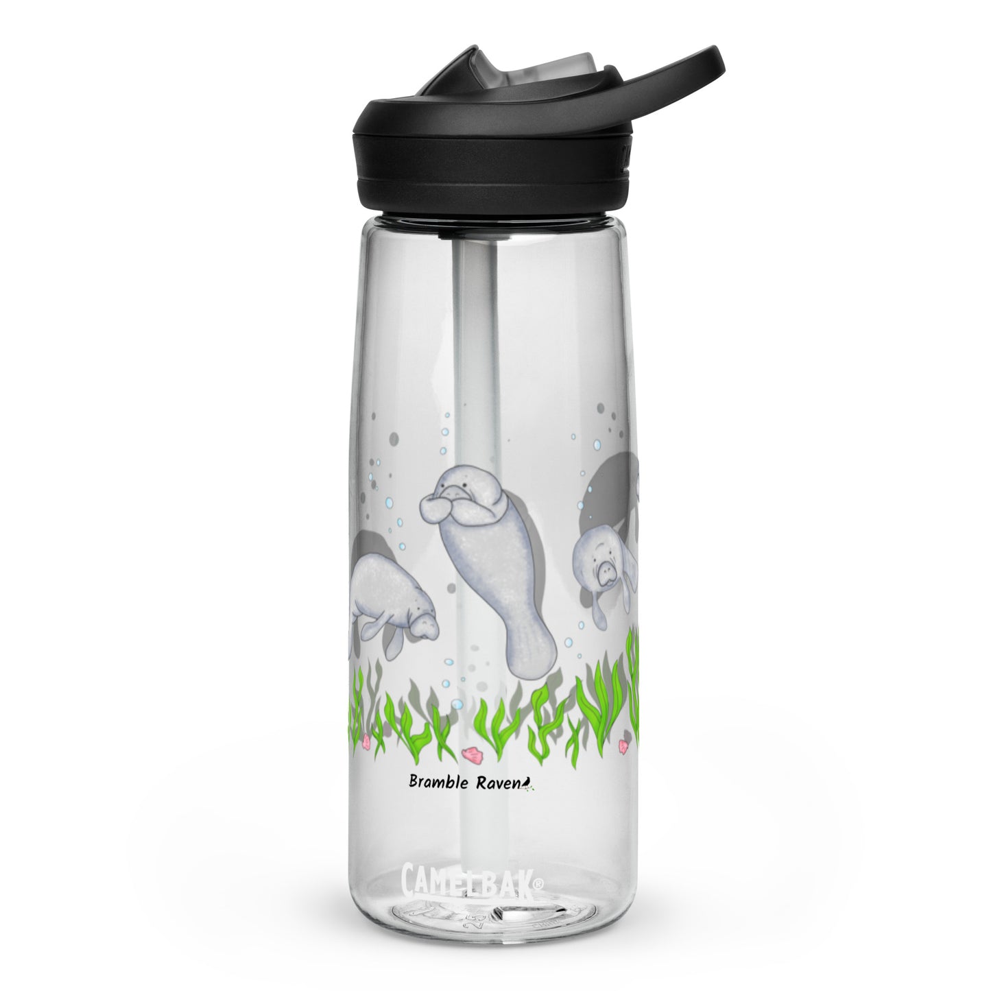 25 ounce sports water bottle with spill proof lid and bite valve. Clear stain and odor-resistant BPA-free plastic with manatee designs around the bottle, swimming above the seaweed and shells.