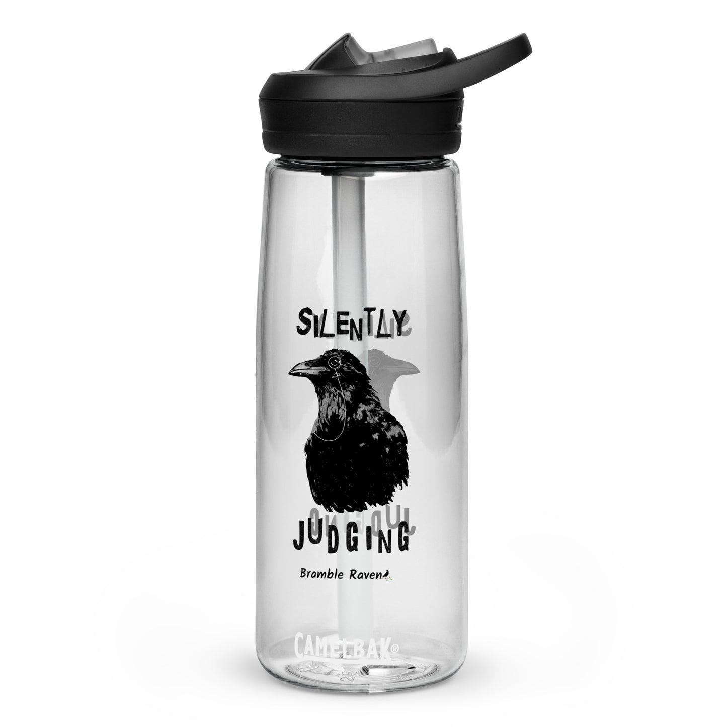 25 ounce sports water bottle with spill-proof lid and bite valve. Clear stain and odor-resistant BPA-free plastic. Features double-sided design of Silently Judging Crow with his monocle.