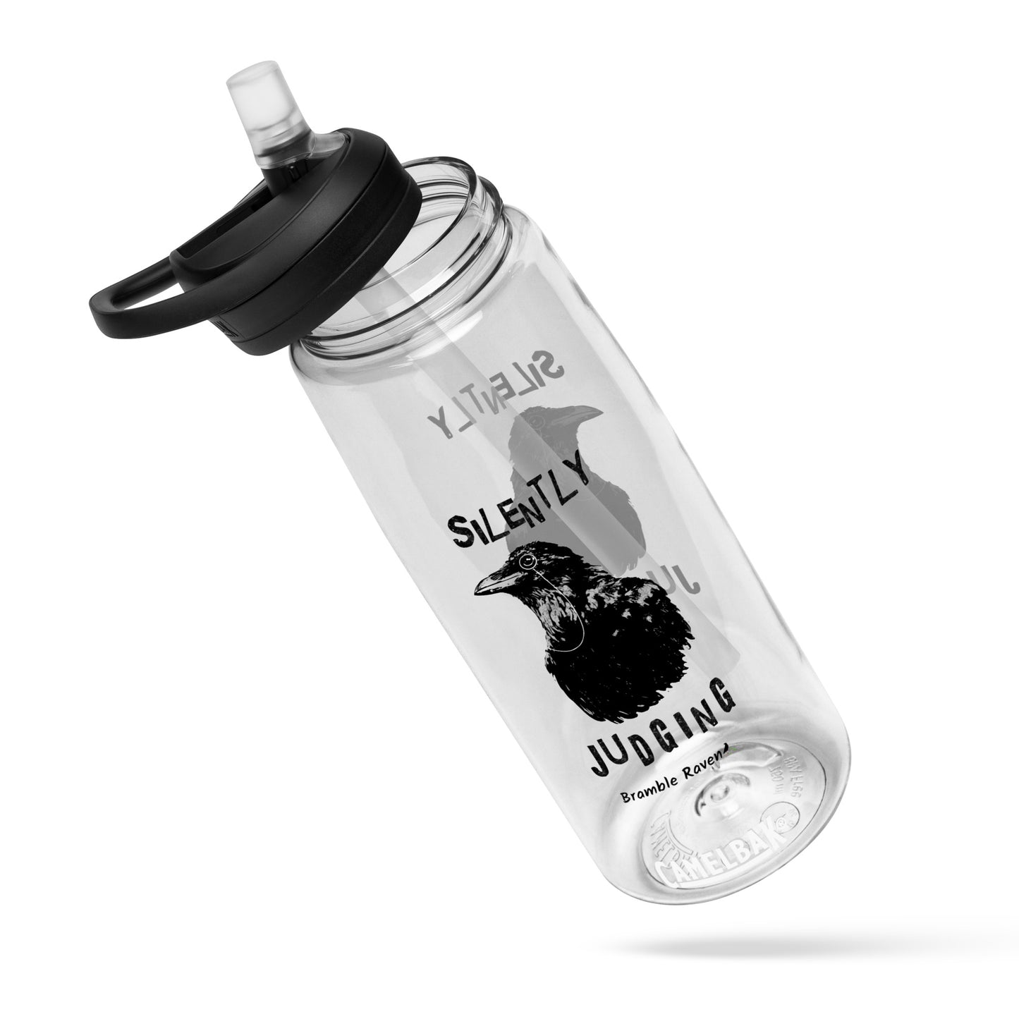 25 ounce sports water bottle with spill-proof lid and bite valve. Clear stain and odor-resistant BPA-free plastic. Features double-sided design of Silently Judging Crow with his monocle. Shown tilted at an angle with lid unscrewed.