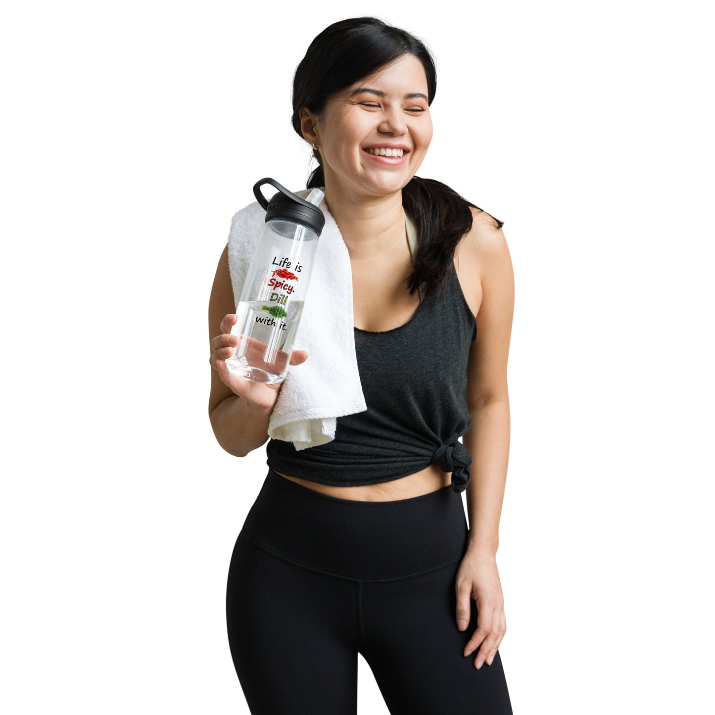 25 ounce sports water bottle with spill-proof lid and bite valve. Clear stain and odor-resistant BPA-free plastic. Features double-sided design of "Life is spicy. Dill with it" phrase with peppers and dill weed images. Shown in gym model's hand.