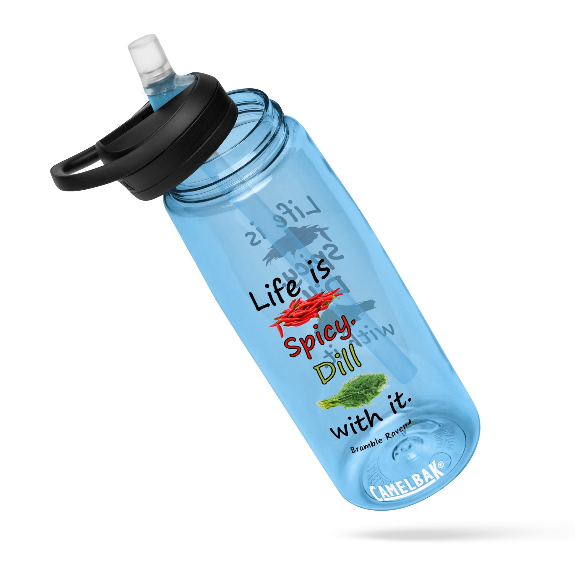 25 ounce sports water bottle with spill-proof lid and bite valve. Light blue stain and odor-resistant BPA-free plastic. Features double-sided design of "Life is spicy. Dill with it" phrase with peppers and dill weed images.