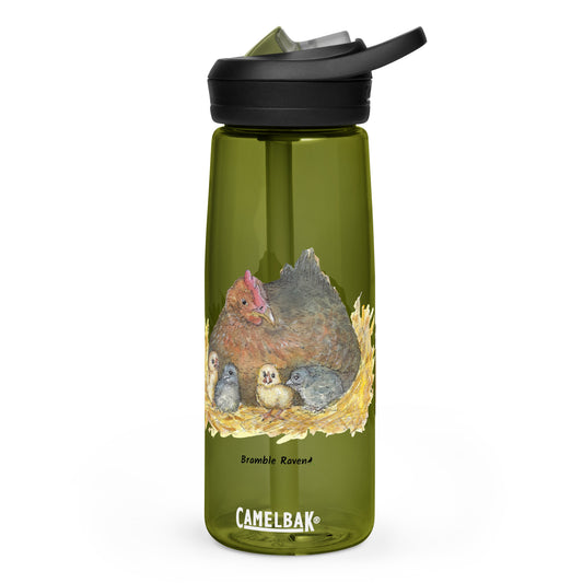 Olive green colored  CamelBak Eddy®+ sports water bottle with spill proof bite valve. Holds 25 ounces of liquid. Features double-sided image of Heather Silver's Mother Hen watercolor print.