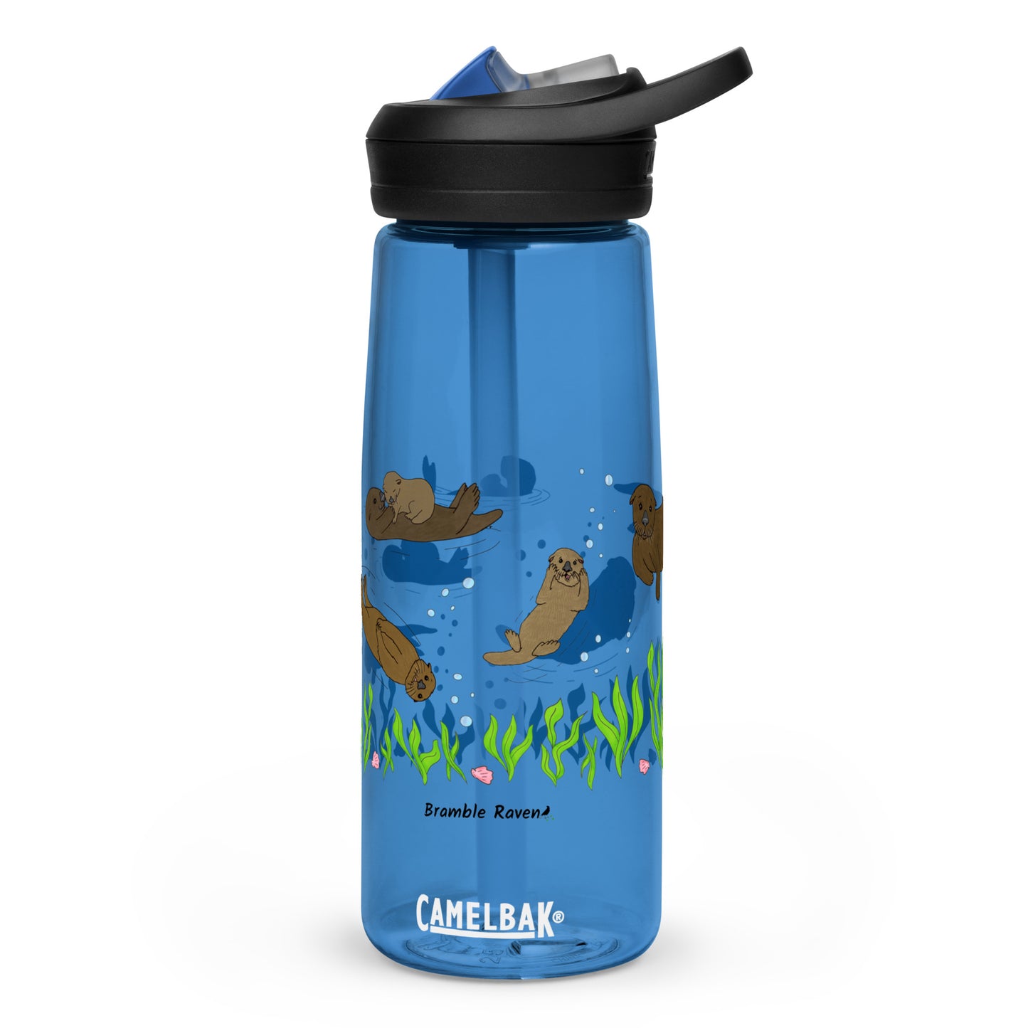 25 ounce sports water bottle with spill proof lid and bite valve. Dark blue stain and odor-resistant BPA-free plastic with sea otter designs around the bottle, swimming above the seaweed and shells.