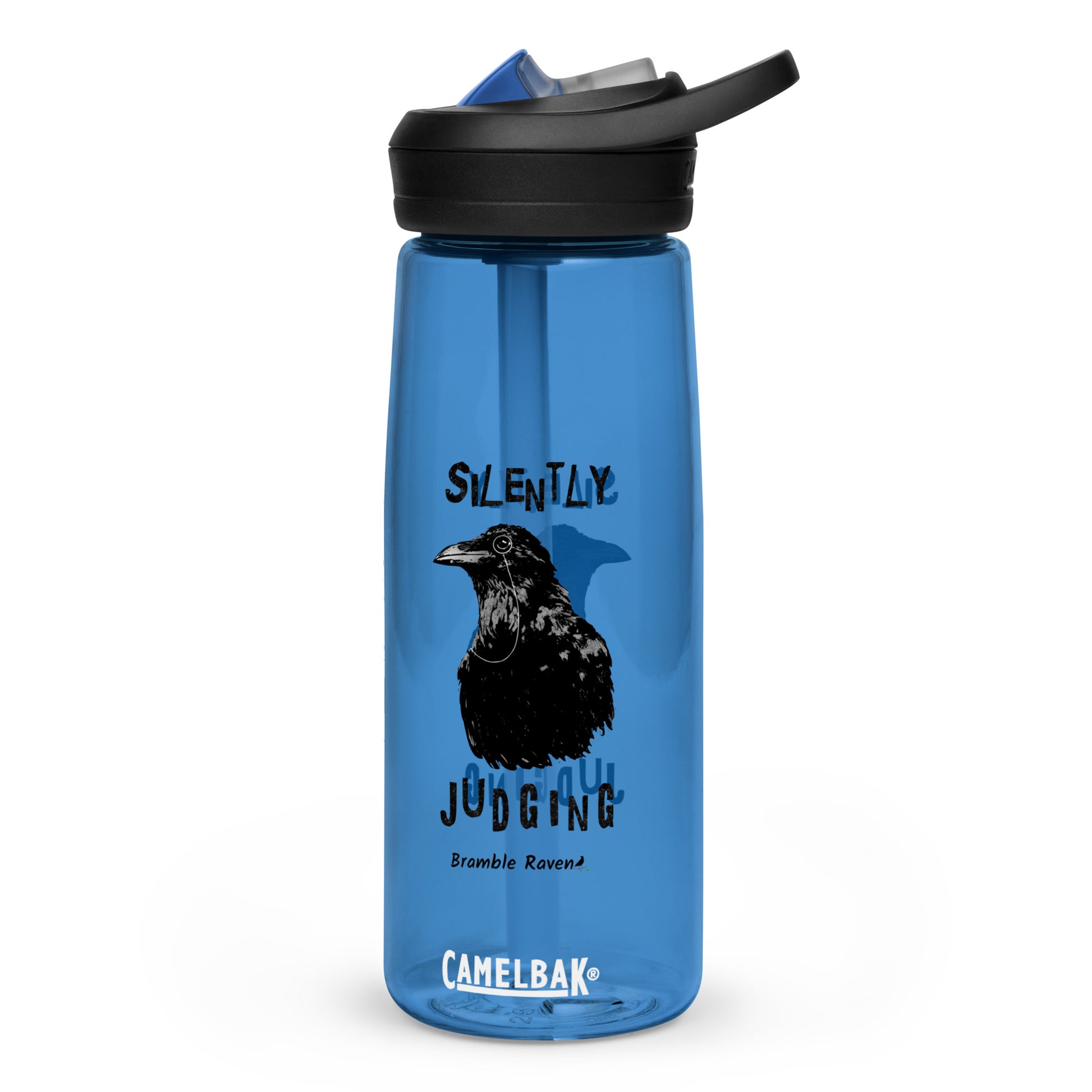 25 ounce sports water bottle with spill-proof lid and bite valve. Dark blue stain and odor-resistant BPA-free plastic. Features double-sided design of Silently Judging Crow with his monocle.