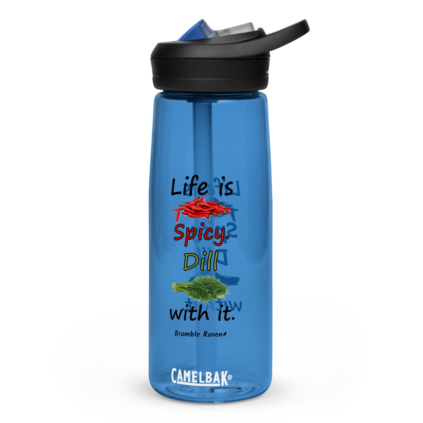 25 ounce sports water bottle with spill-proof lid and bite valve. Dark blue stain and odor-resistant BPA-free plastic. Features double-sided design of "Life is spicy. Dill with it" phrase with peppers and dill weed images.