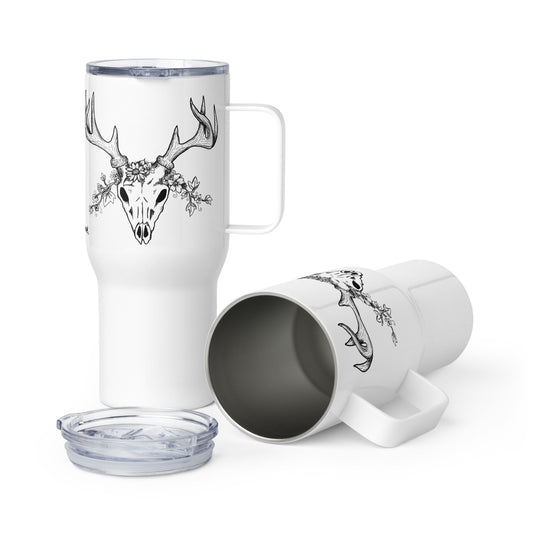 Stainless steel travel mug with handle. Holds 25 ounces of hot or cold liquids. Fits most car cup holders. Features double-sided image of a deer skull wreathed in flowers. Comes with spill proof plastic lid.